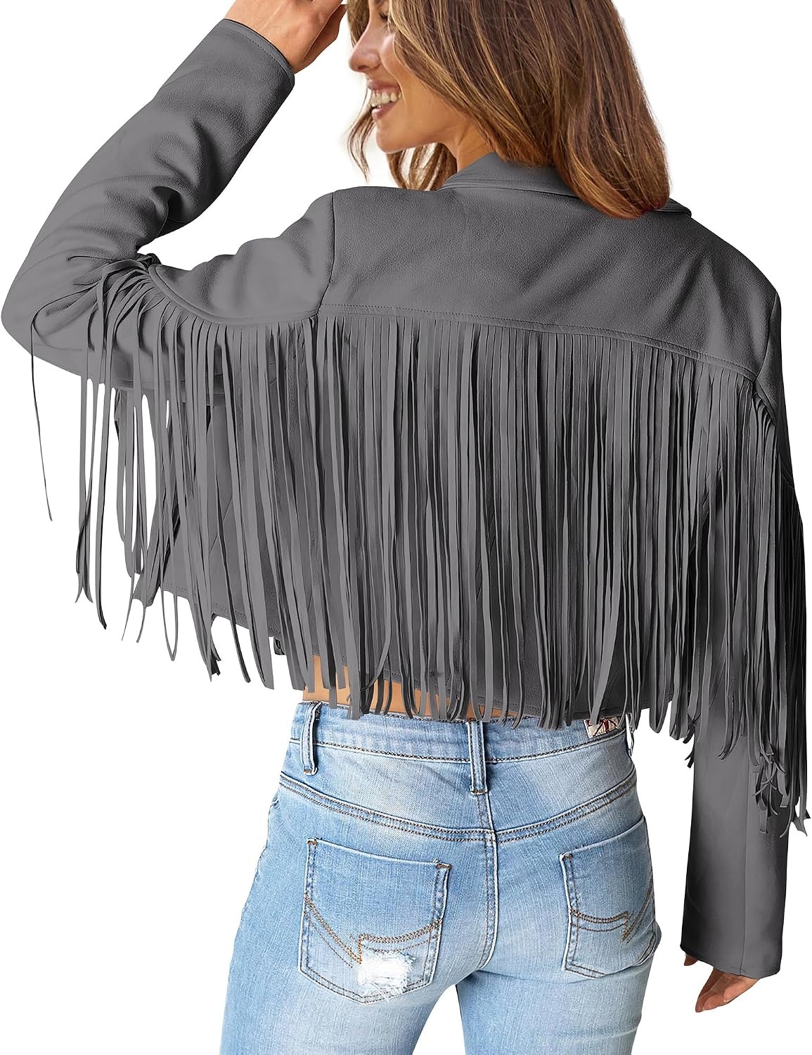 image:imagePRETTYGARDEN Womens Fringe Faux Suede Leather JacketsSilver Grey
