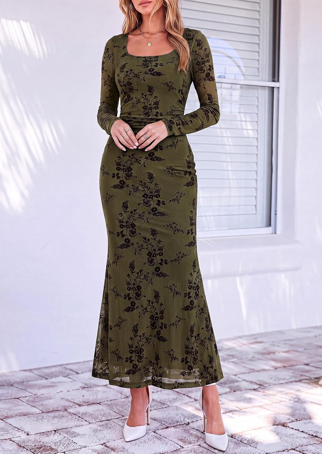 image:imagePRETTYGARDEN Womens Long Sleeve Floral Maxi Bodycon DressArmy Green