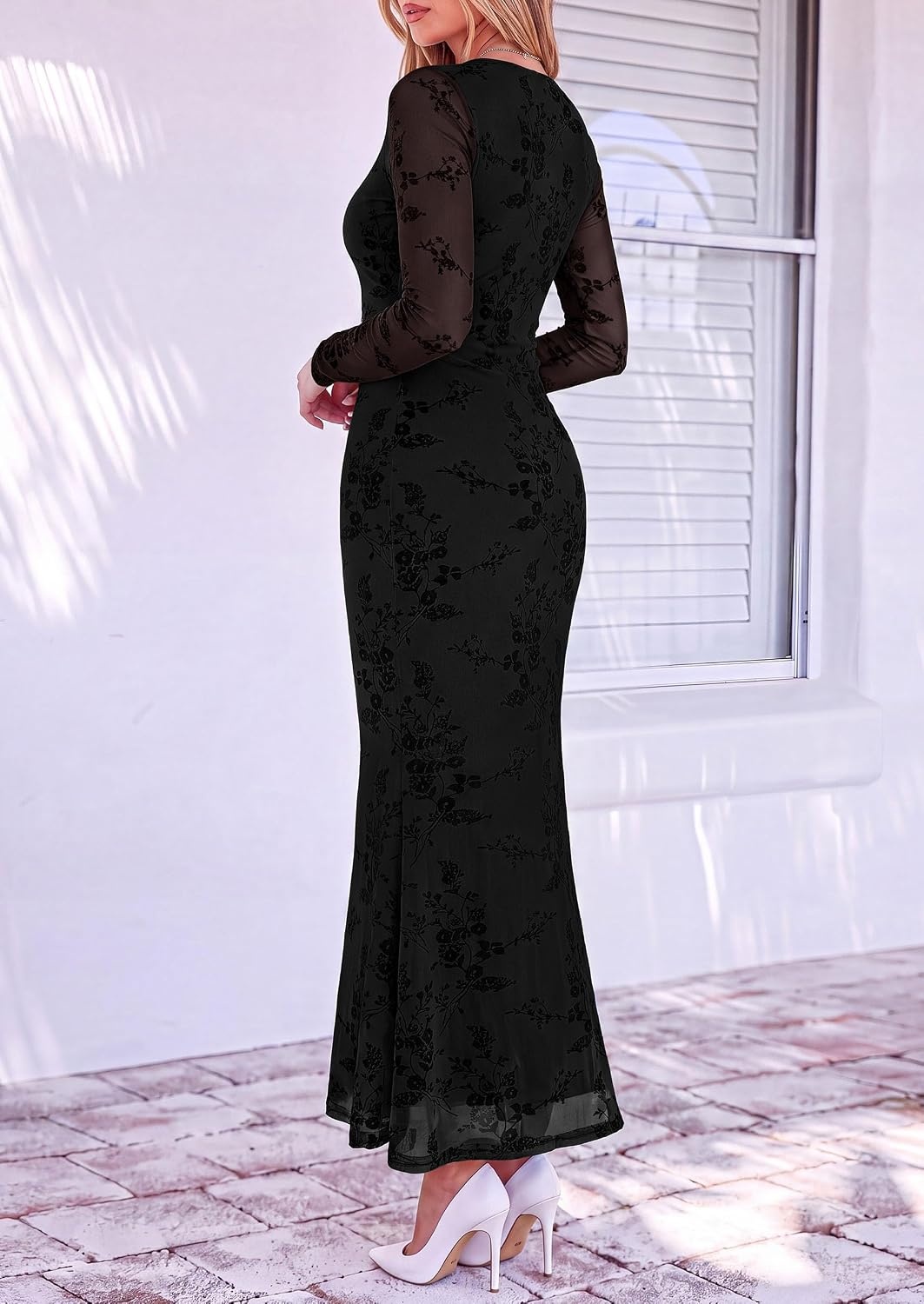 image:imagePRETTYGARDEN Womens Long Sleeve Floral Maxi Bodycon DressBlack