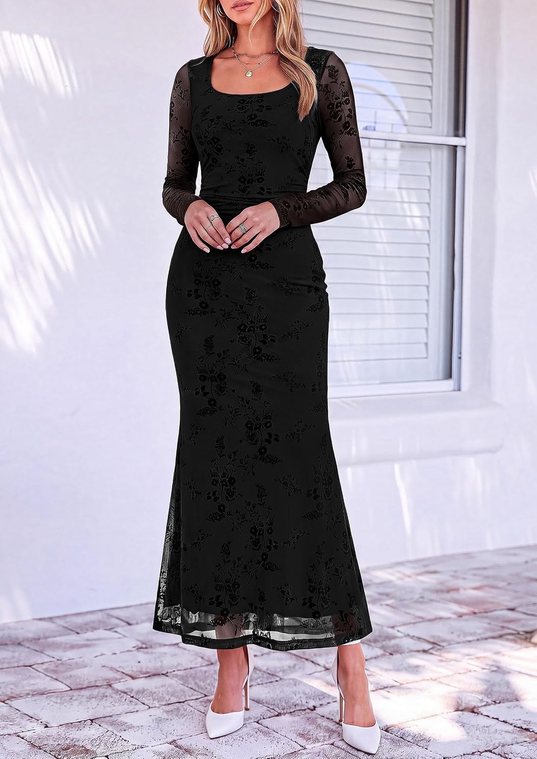image:imagePRETTYGARDEN Womens Long Sleeve Floral Maxi Bodycon DressBlack