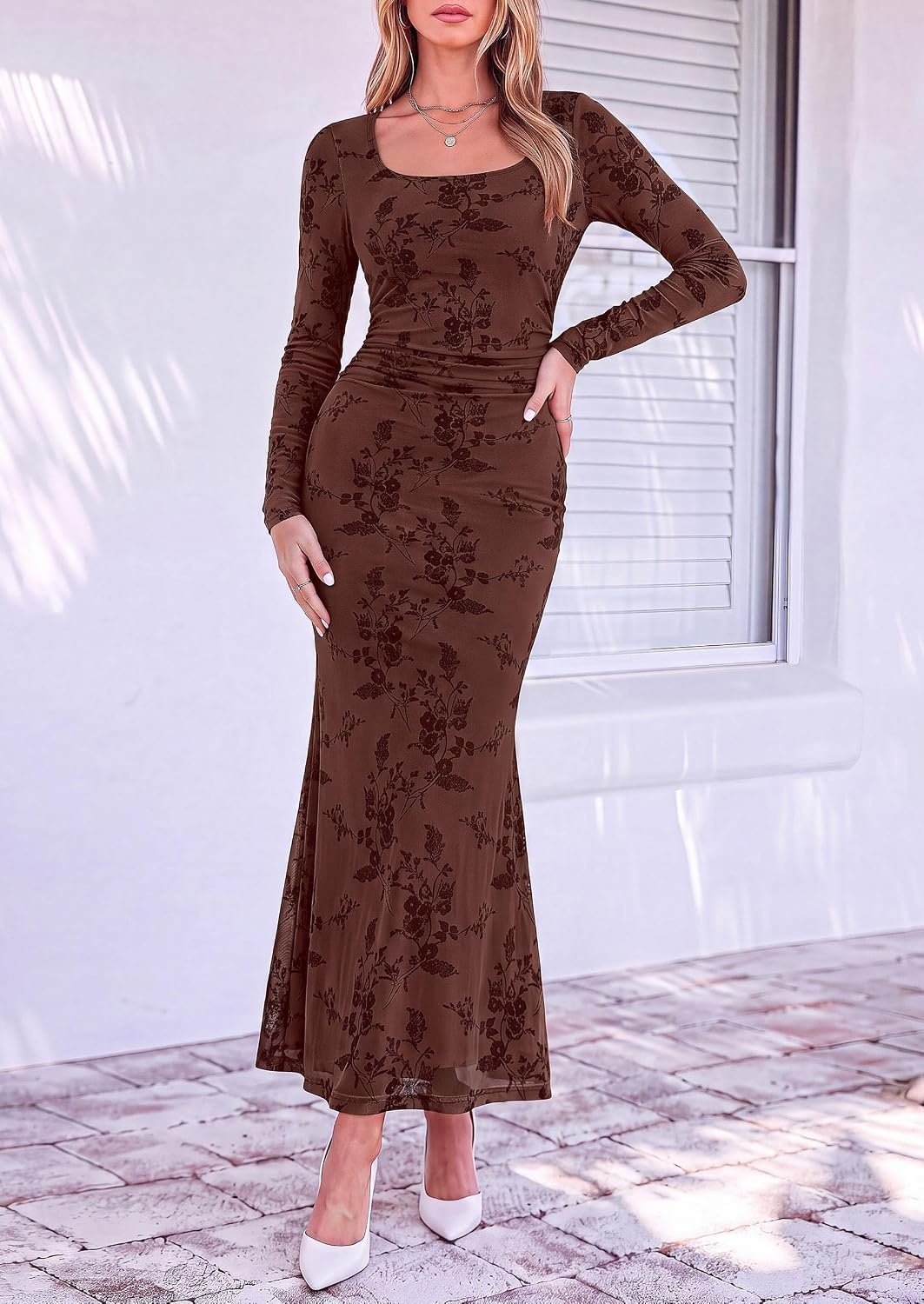 image:imagePRETTYGARDEN Womens Long Sleeve Floral Maxi Bodycon DressBrown