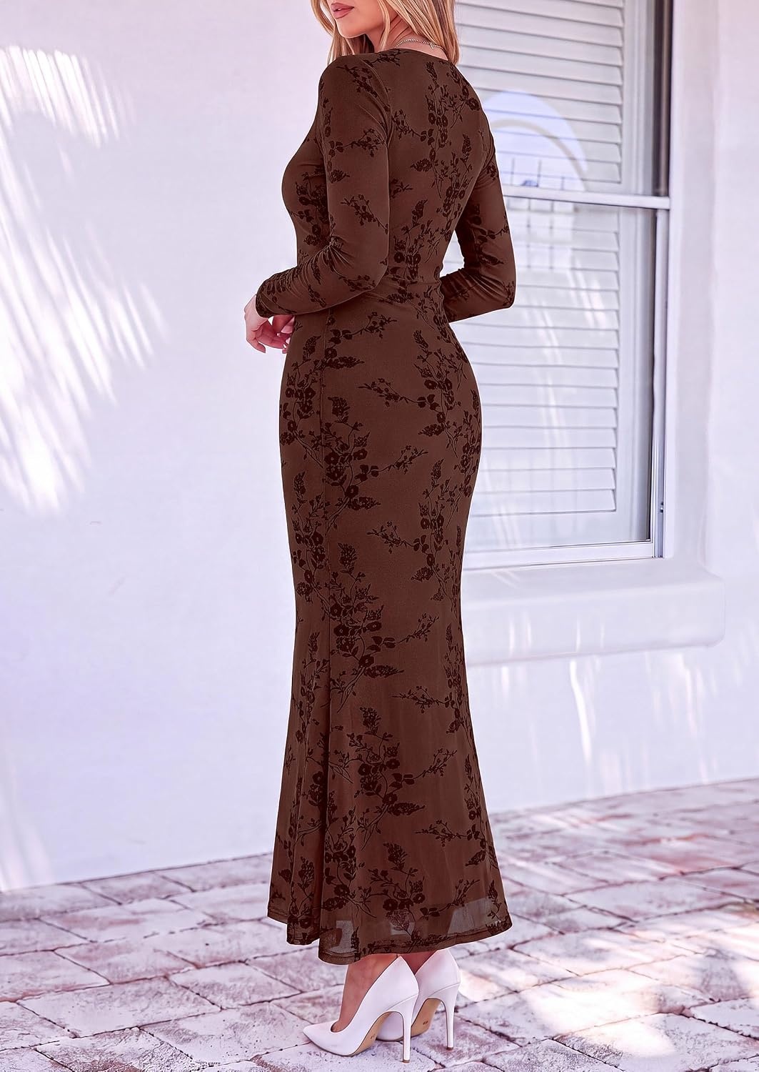 image:imagePRETTYGARDEN Womens Long Sleeve Floral Maxi Bodycon DressBrown