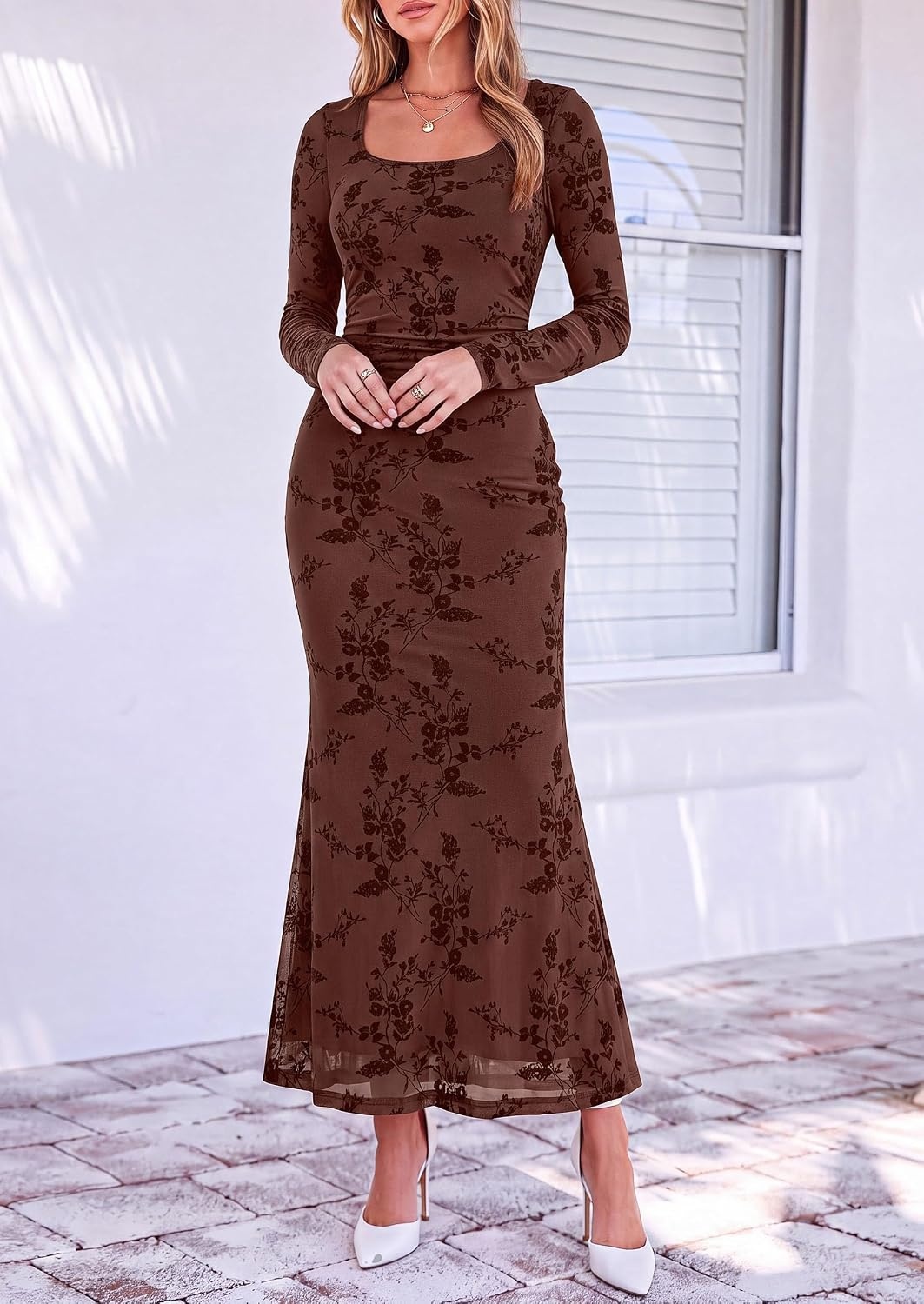 image:imagePRETTYGARDEN Womens Long Sleeve Floral Maxi Bodycon DressBrown