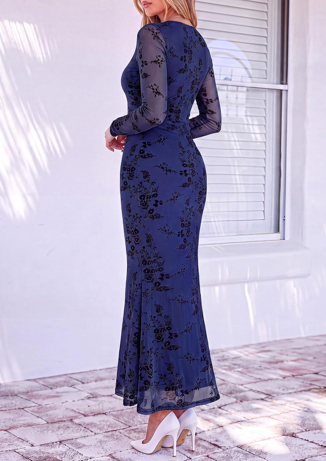 image:imagePRETTYGARDEN Womens Long Sleeve Floral Maxi Bodycon DressNavy Blue