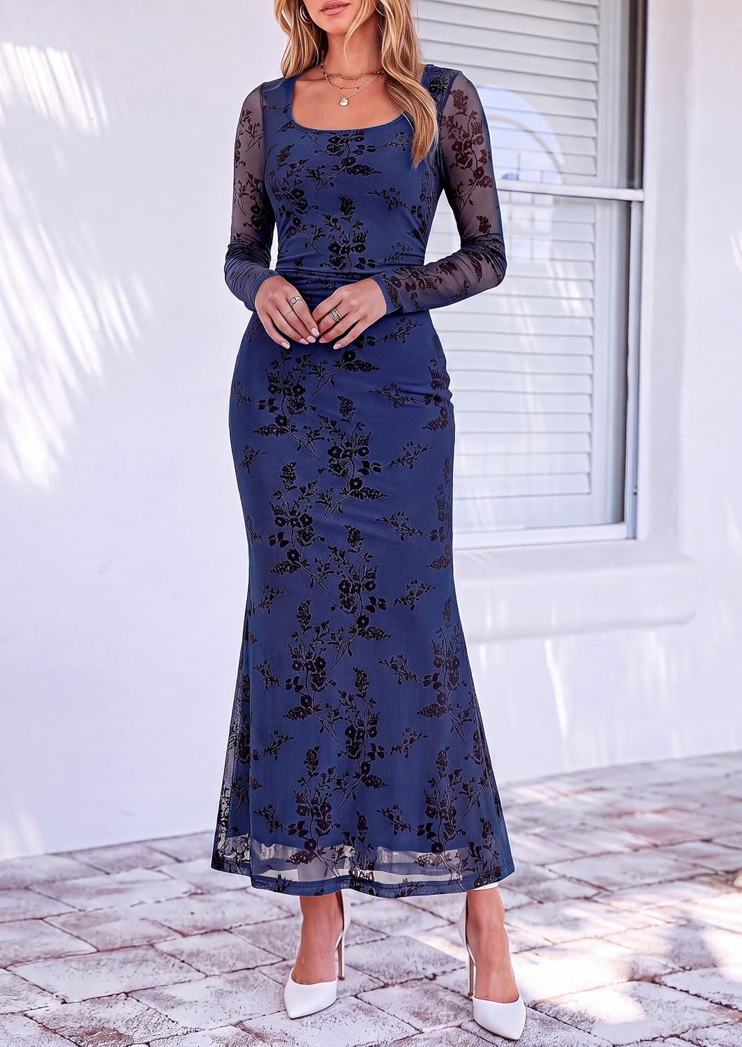 image:imagePRETTYGARDEN Womens Long Sleeve Floral Maxi Bodycon DressNavy Blue