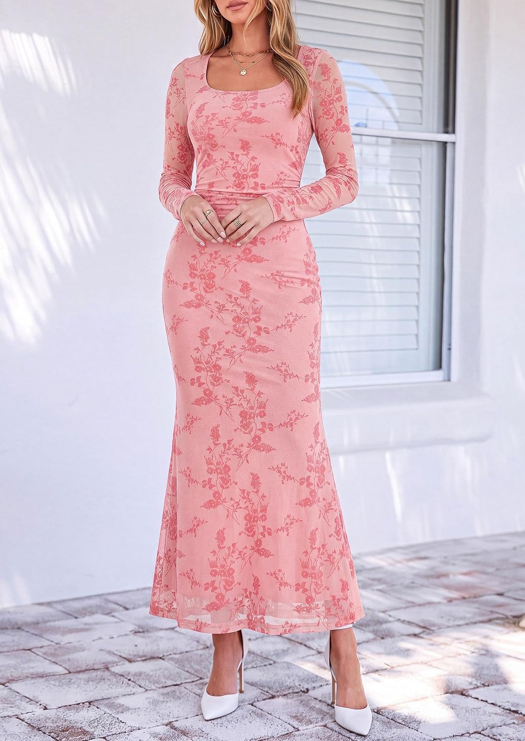 image:imagePRETTYGARDEN Womens Long Sleeve Floral Maxi Bodycon DressPink