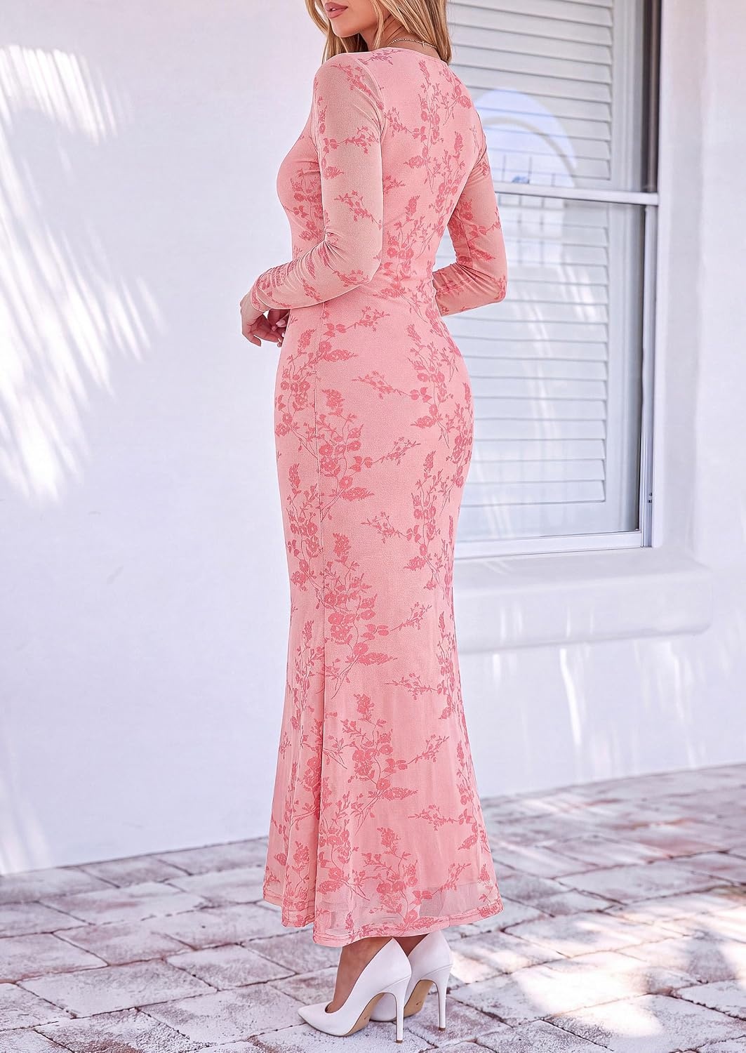 image:imagePRETTYGARDEN Womens Long Sleeve Floral Maxi Bodycon DressPink