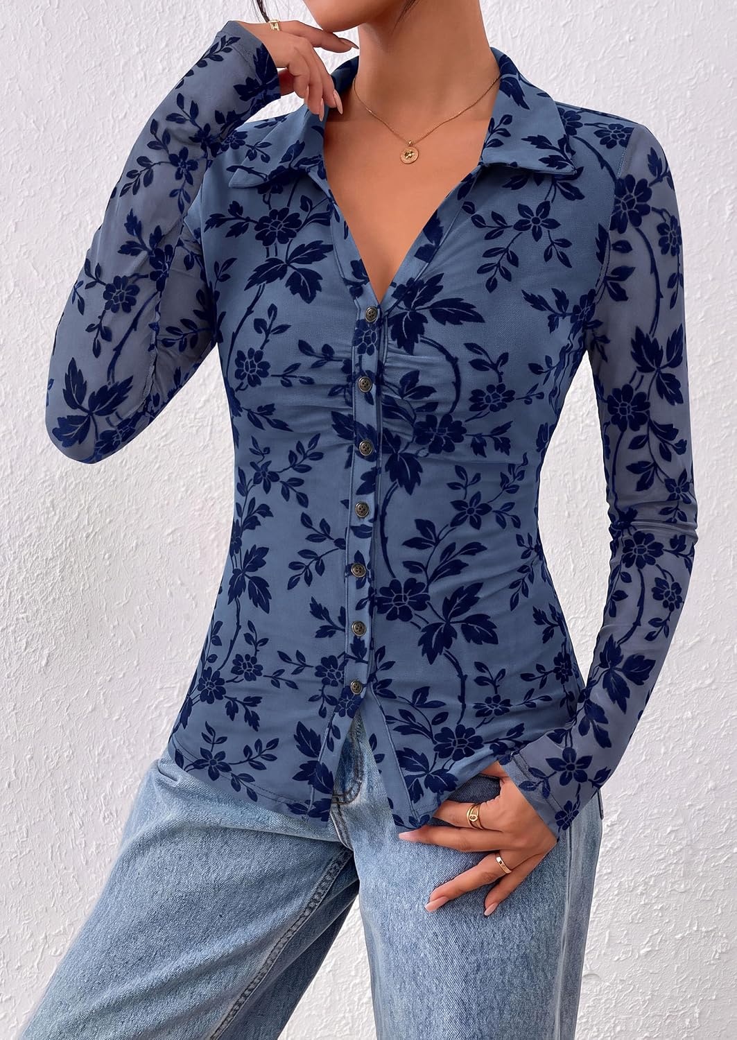 image:imagePRETTYGARDEN Womens Long Sleeve Floral Mesh Boho Tops Button Down ShirtsDusty Blue