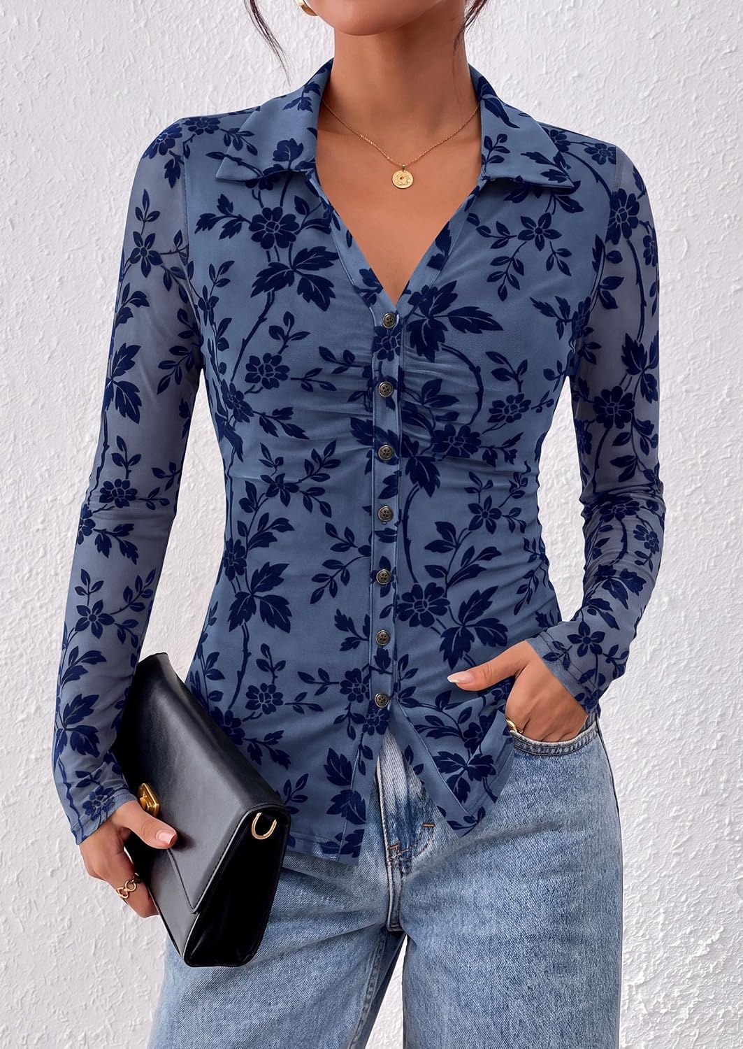 image:imagePRETTYGARDEN Womens Long Sleeve Floral Mesh Boho Tops Button Down ShirtsDusty Blue
