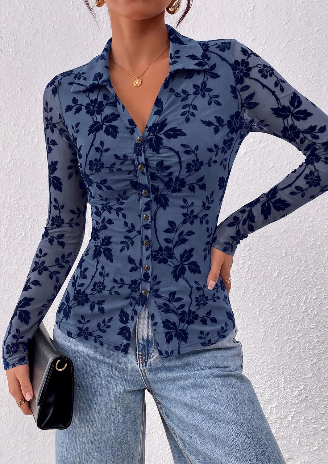 image:imagePRETTYGARDEN Womens Long Sleeve Floral Mesh Boho Tops Button Down ShirtsDusty Blue