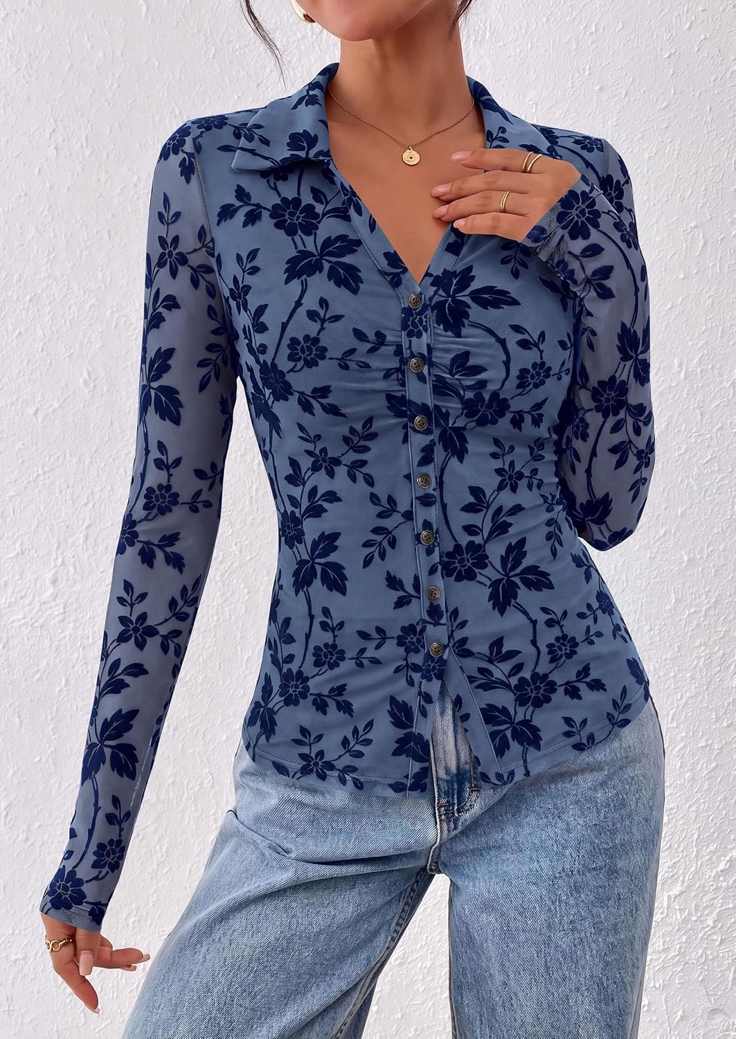 image:imagePRETTYGARDEN Womens Long Sleeve Floral Mesh Boho Tops Button Down ShirtsDusty Blue