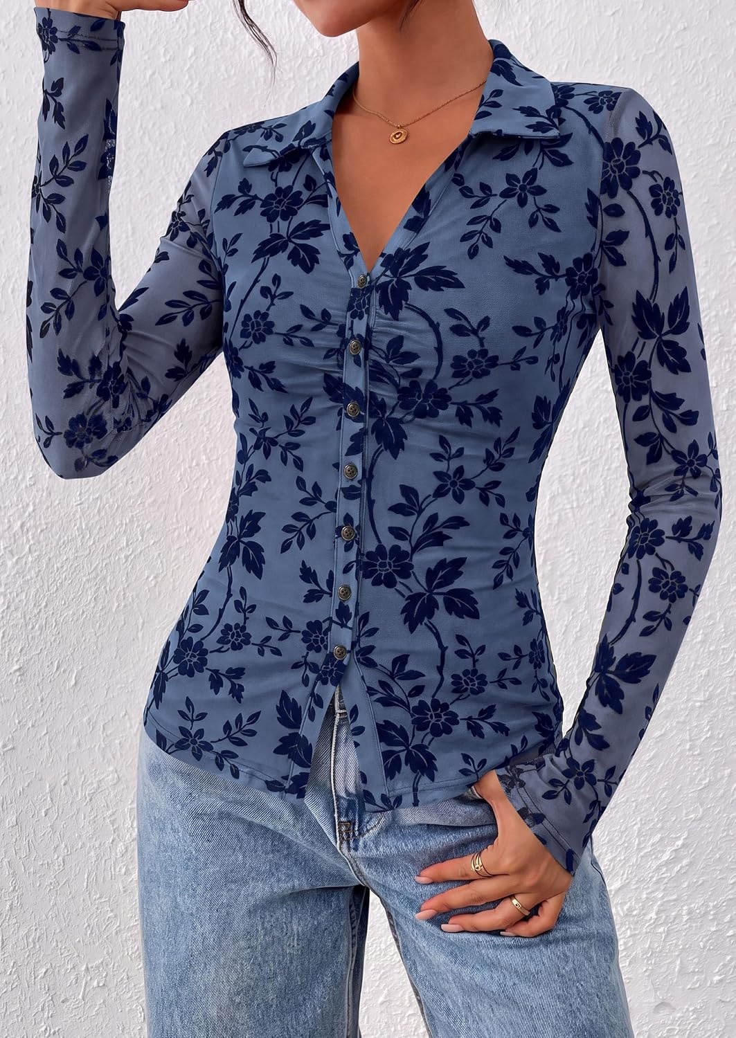 image:imagePRETTYGARDEN Womens Long Sleeve Floral Mesh Boho Tops Button Down ShirtsDusty Blue