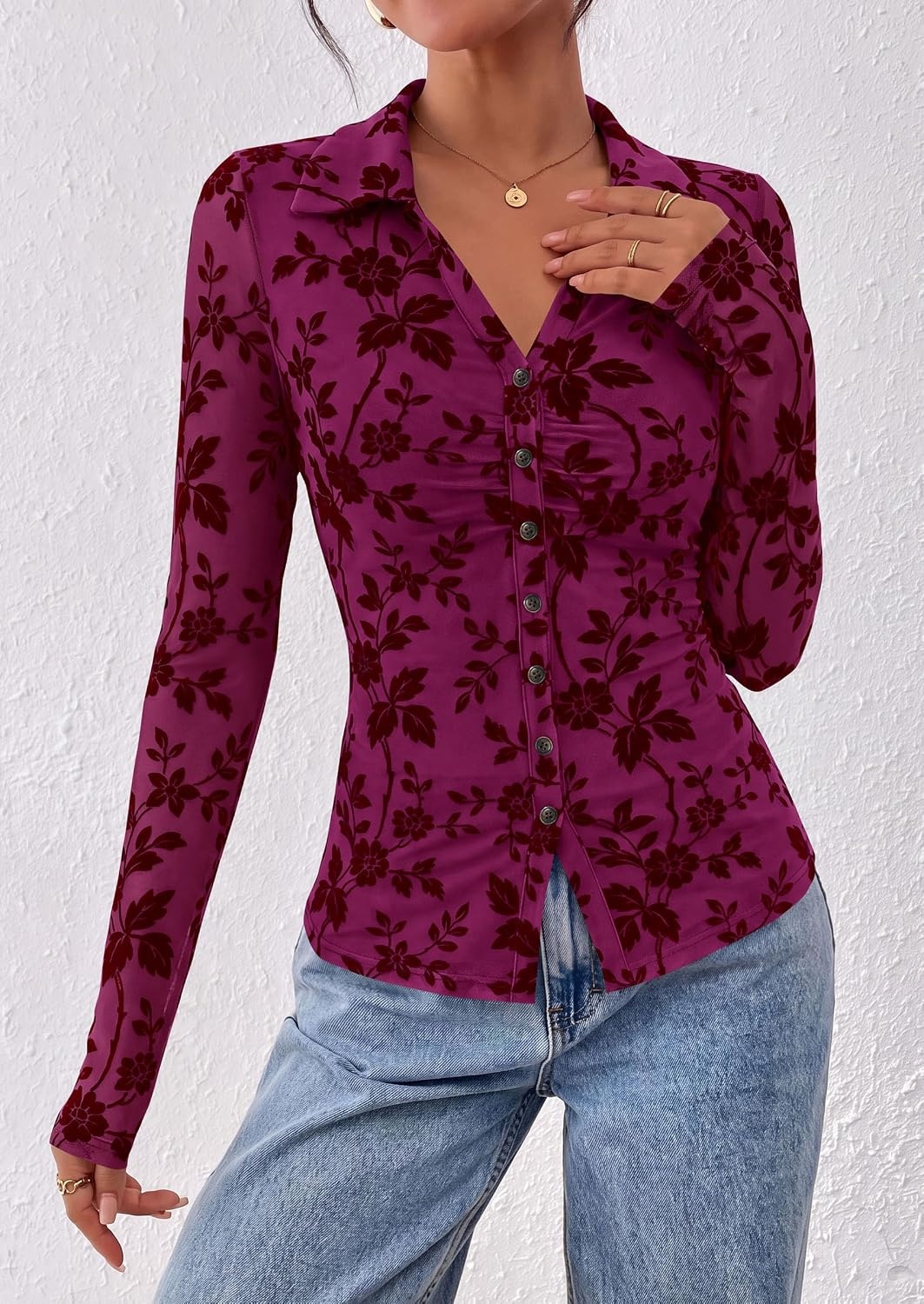 image:imagePRETTYGARDEN Womens Long Sleeve Floral Mesh Boho Tops Button Down ShirtsMauve