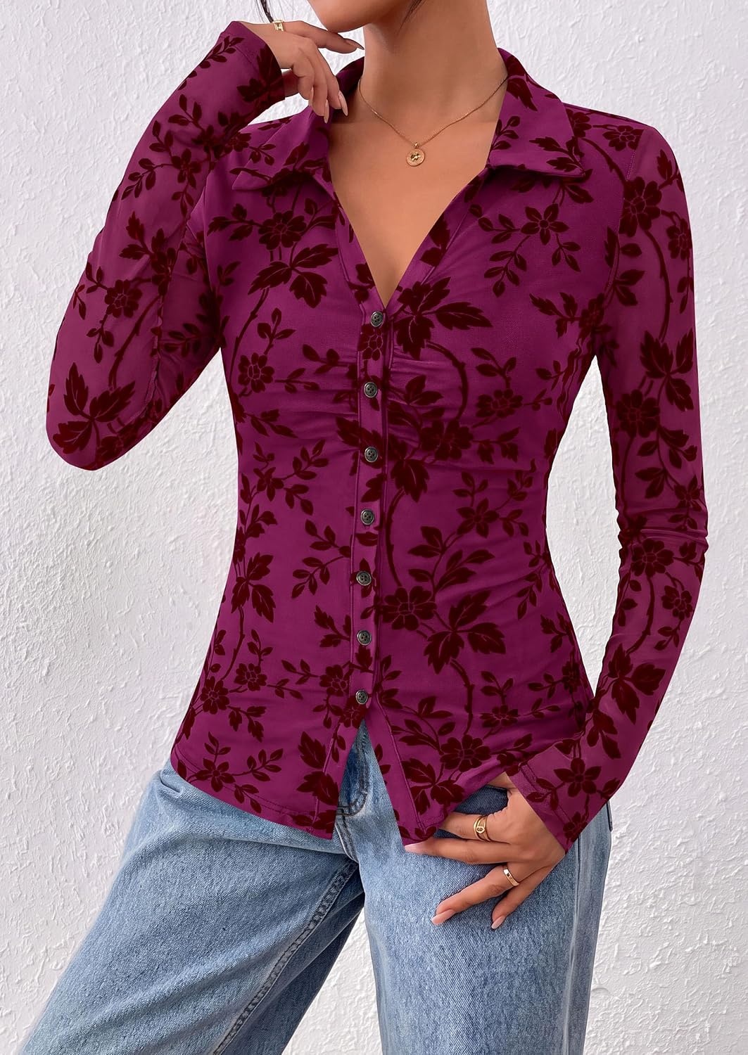 image:imagePRETTYGARDEN Womens Long Sleeve Floral Mesh Boho Tops Button Down ShirtsMauve