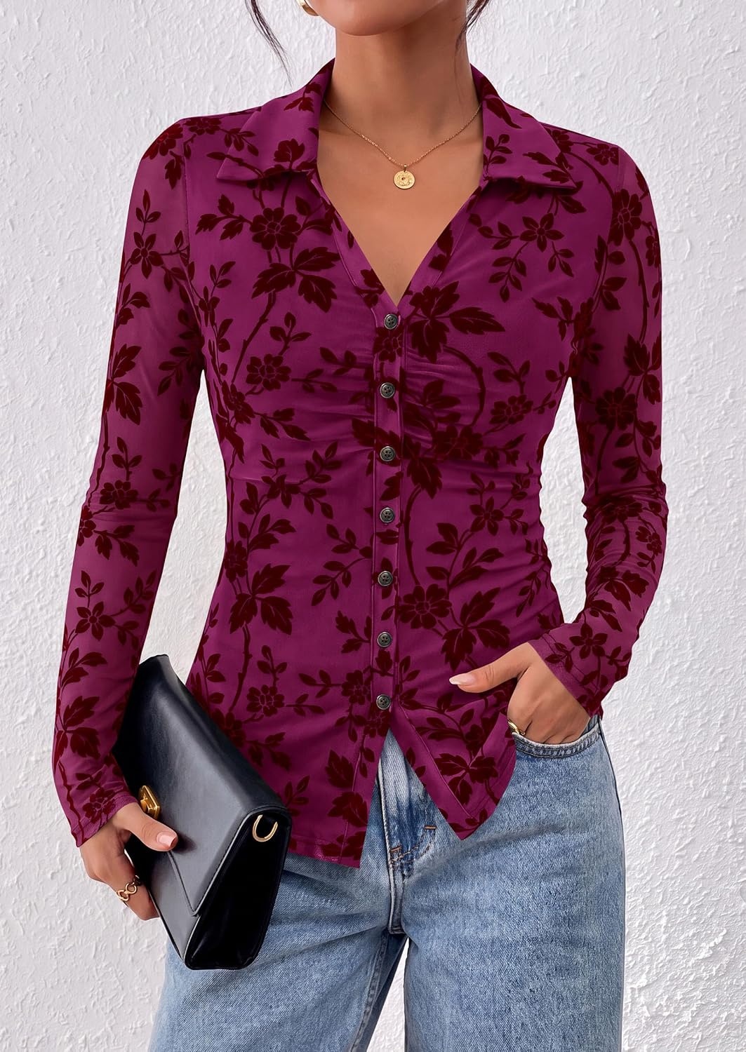 image:imagePRETTYGARDEN Womens Long Sleeve Floral Mesh Boho Tops Button Down ShirtsMauve