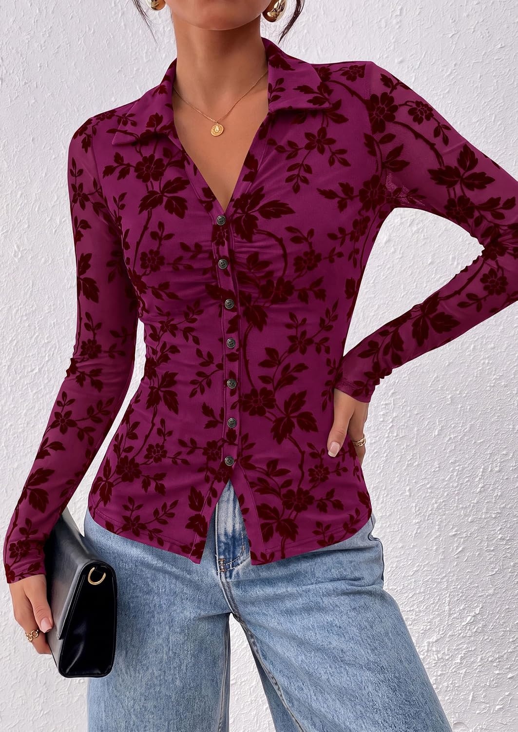 image:imagePRETTYGARDEN Womens Long Sleeve Floral Mesh Boho Tops Button Down ShirtsMauve