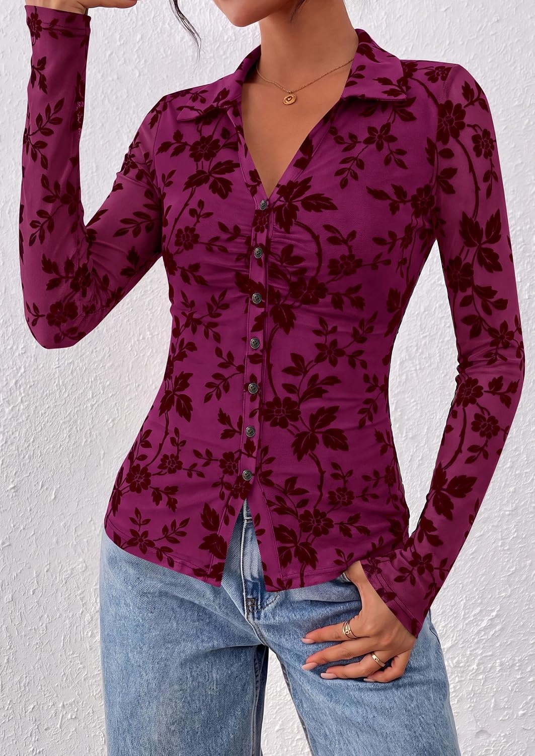 image:imagePRETTYGARDEN Womens Long Sleeve Floral Mesh Boho Tops Button Down ShirtsMauve