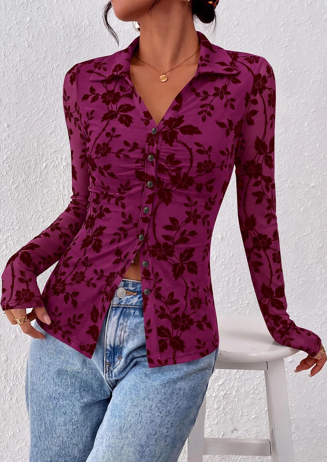 image:imagePRETTYGARDEN Womens Long Sleeve Floral Mesh Boho Tops Button Down ShirtsMauve