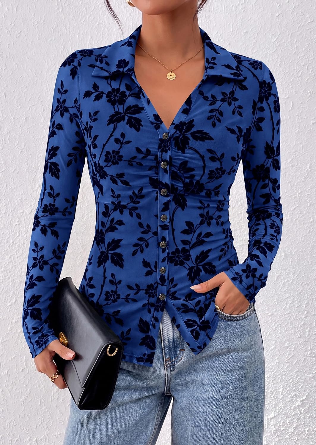 image:imagePRETTYGARDEN Womens Long Sleeve Floral Mesh Boho Tops Button Down ShirtsRoyal Blue