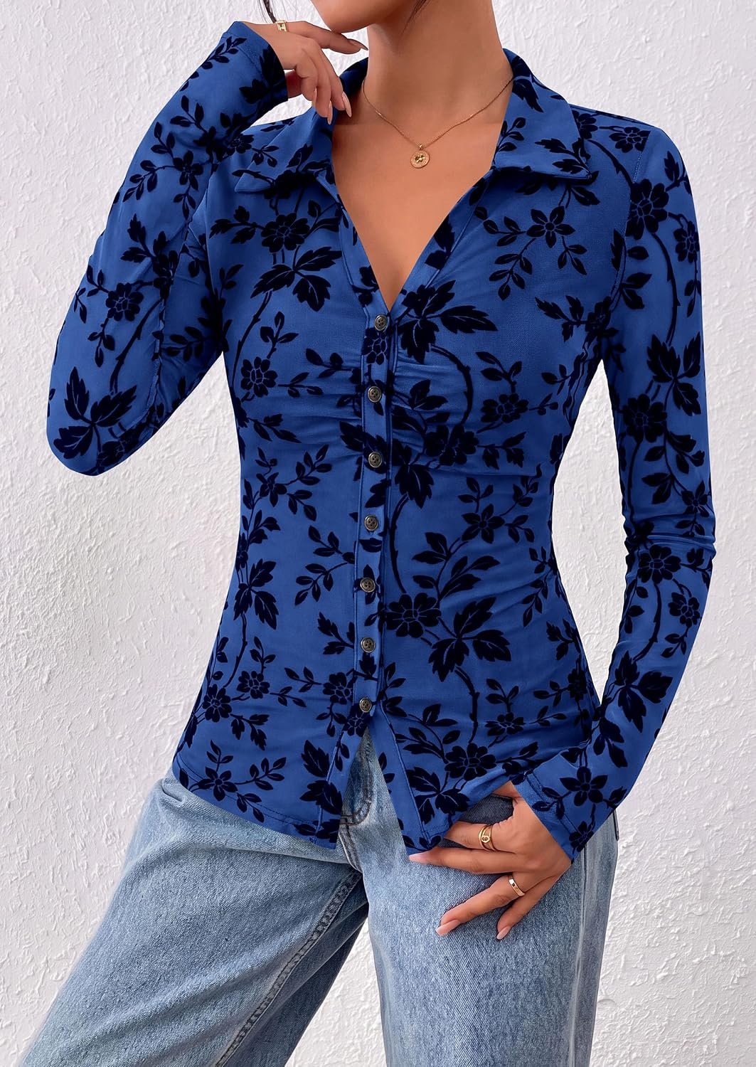 image:imagePRETTYGARDEN Womens Long Sleeve Floral Mesh Boho Tops Button Down ShirtsRoyal Blue