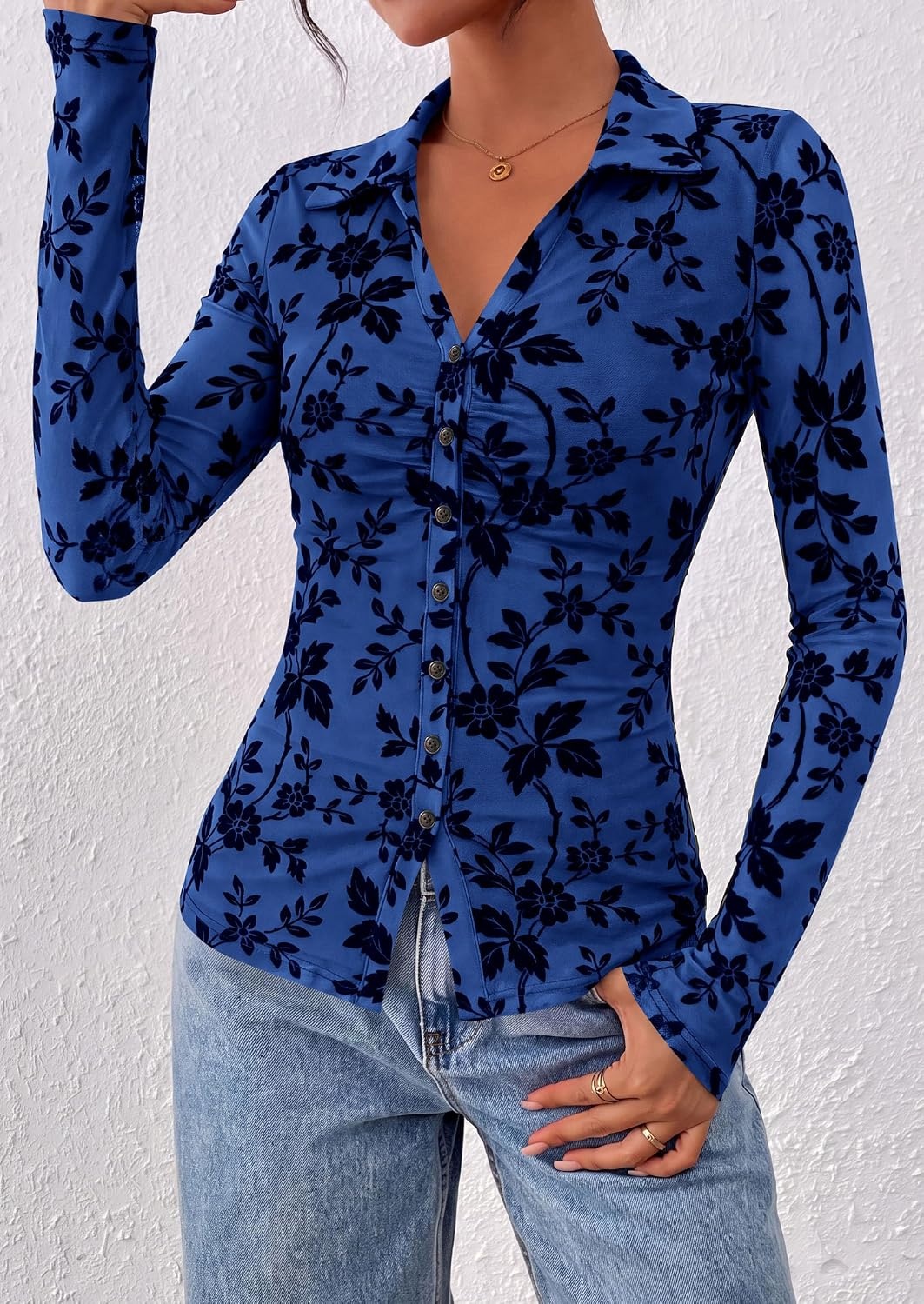 image:imagePRETTYGARDEN Womens Long Sleeve Floral Mesh Boho Tops Button Down ShirtsRoyal Blue
