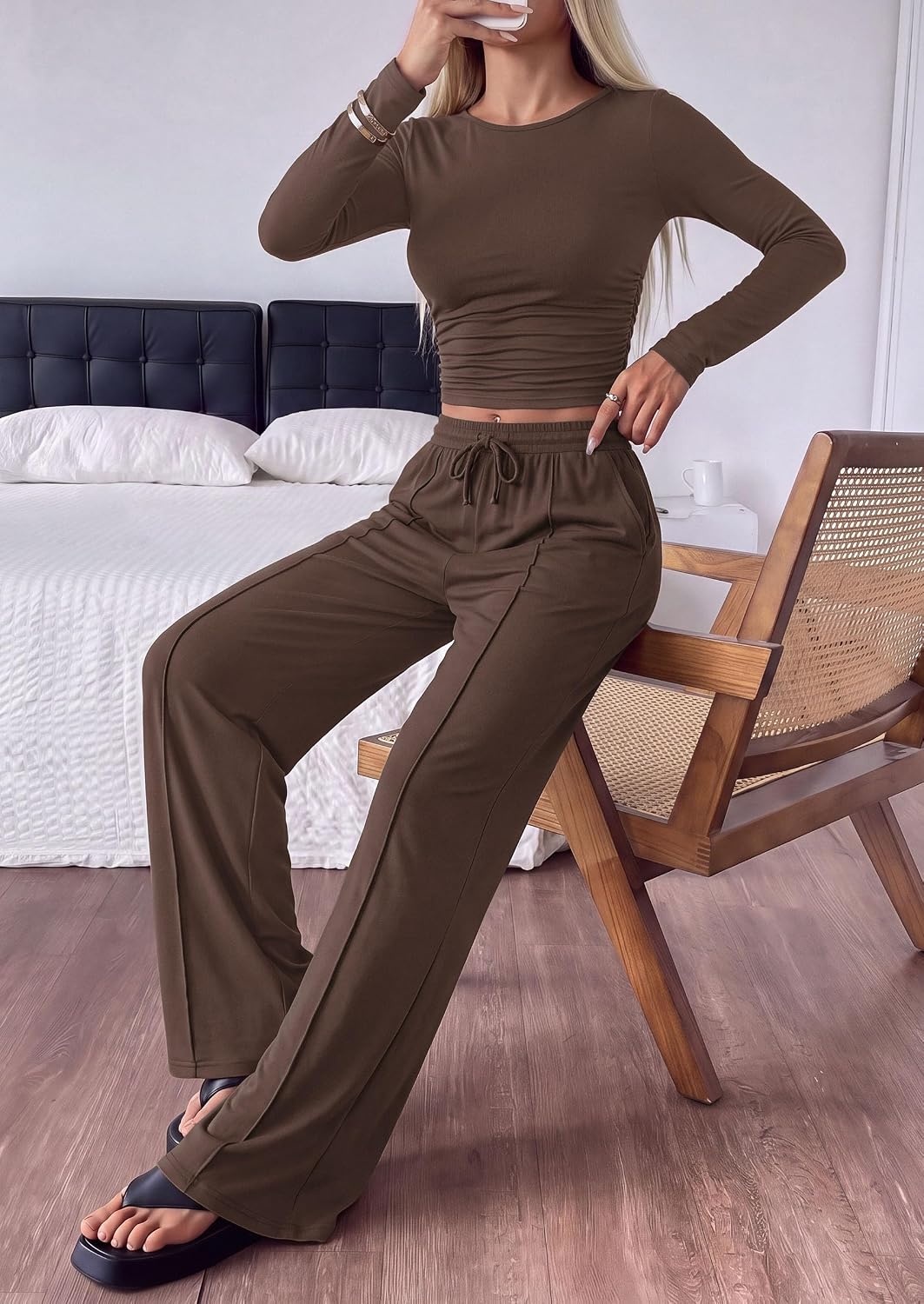 image:imagePRETTYGARDEN Womens Matching Lounge Sets 2 Piece OutfitsBrown