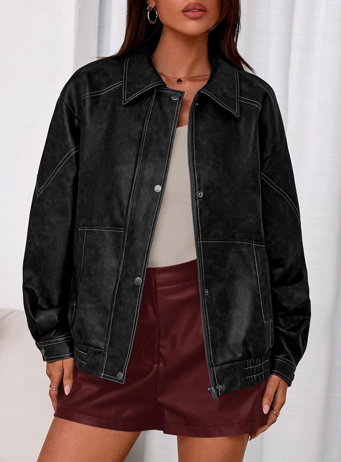 image:imagePRETTYGARDEN Womens Oversized Faux Leather Jacket Fall Winter OutfitsBlack
