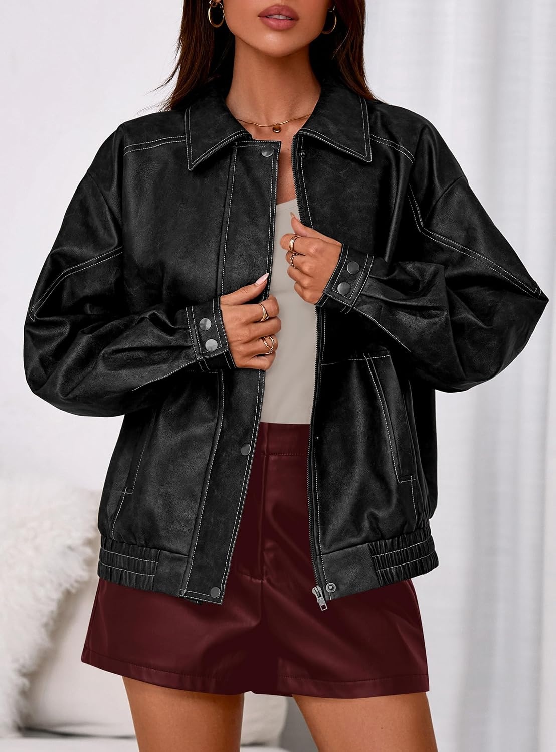 image:imagePRETTYGARDEN Womens Oversized Faux Leather Jacket Fall Winter OutfitsBlack