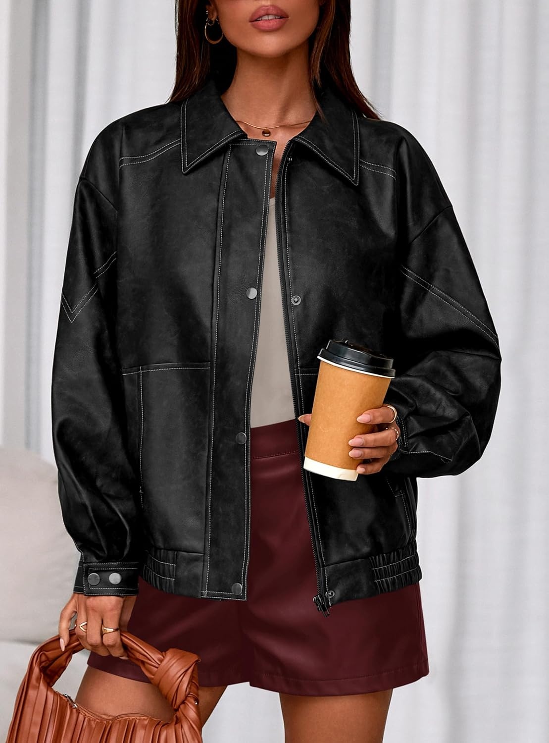 image:imagePRETTYGARDEN Womens Oversized Faux Leather Jacket Fall Winter OutfitsBlack