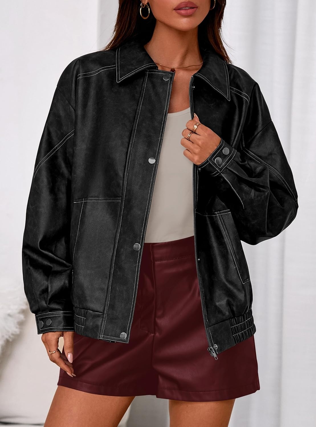 image:imagePRETTYGARDEN Womens Oversized Faux Leather Jacket Fall Winter OutfitsBlack