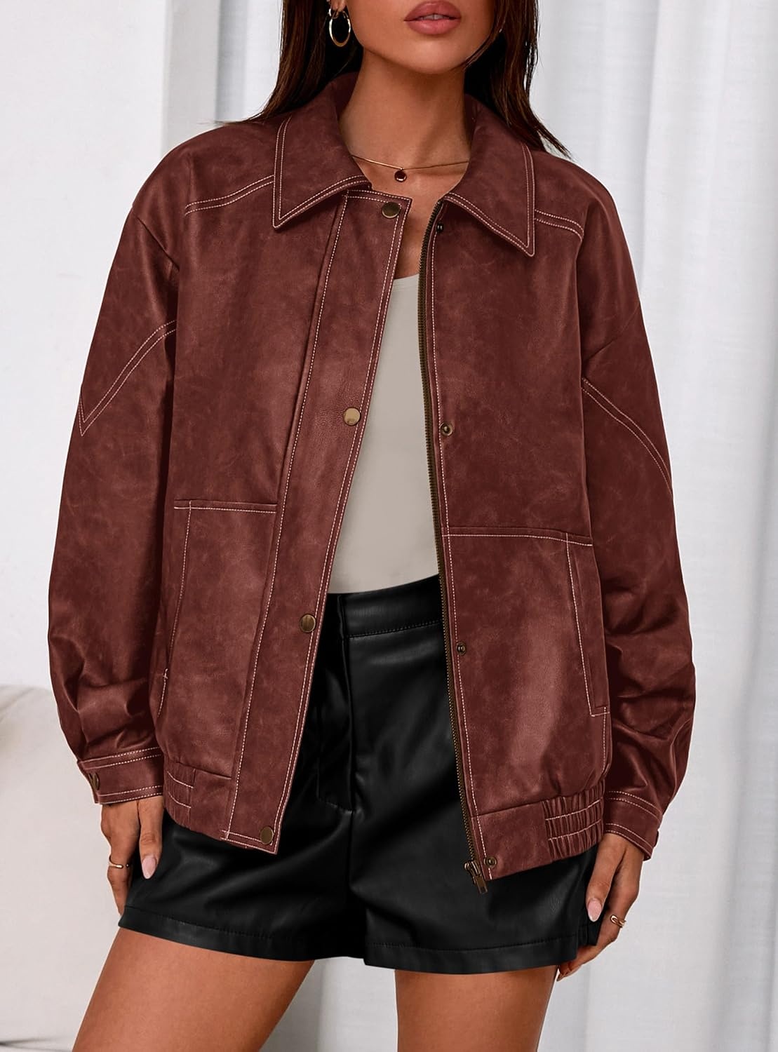 image:imagePRETTYGARDEN Womens Oversized Faux Leather Jacket Fall Winter OutfitsBrick Red