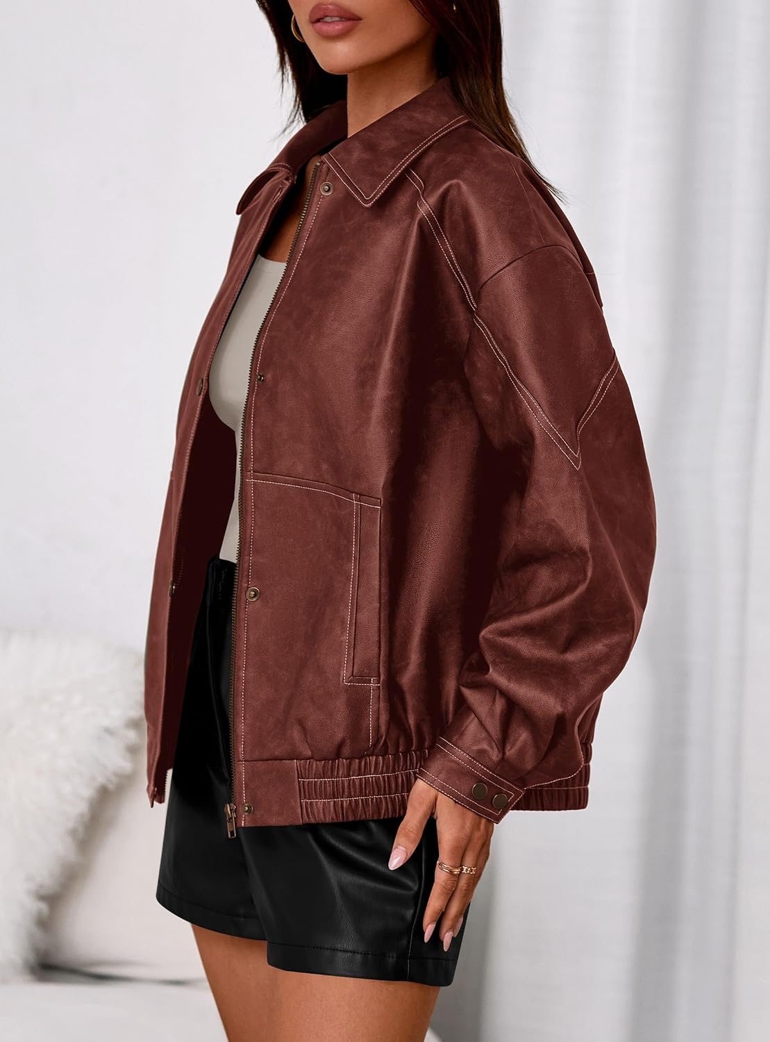 image:imagePRETTYGARDEN Womens Oversized Faux Leather Jacket Fall Winter OutfitsBrick Red