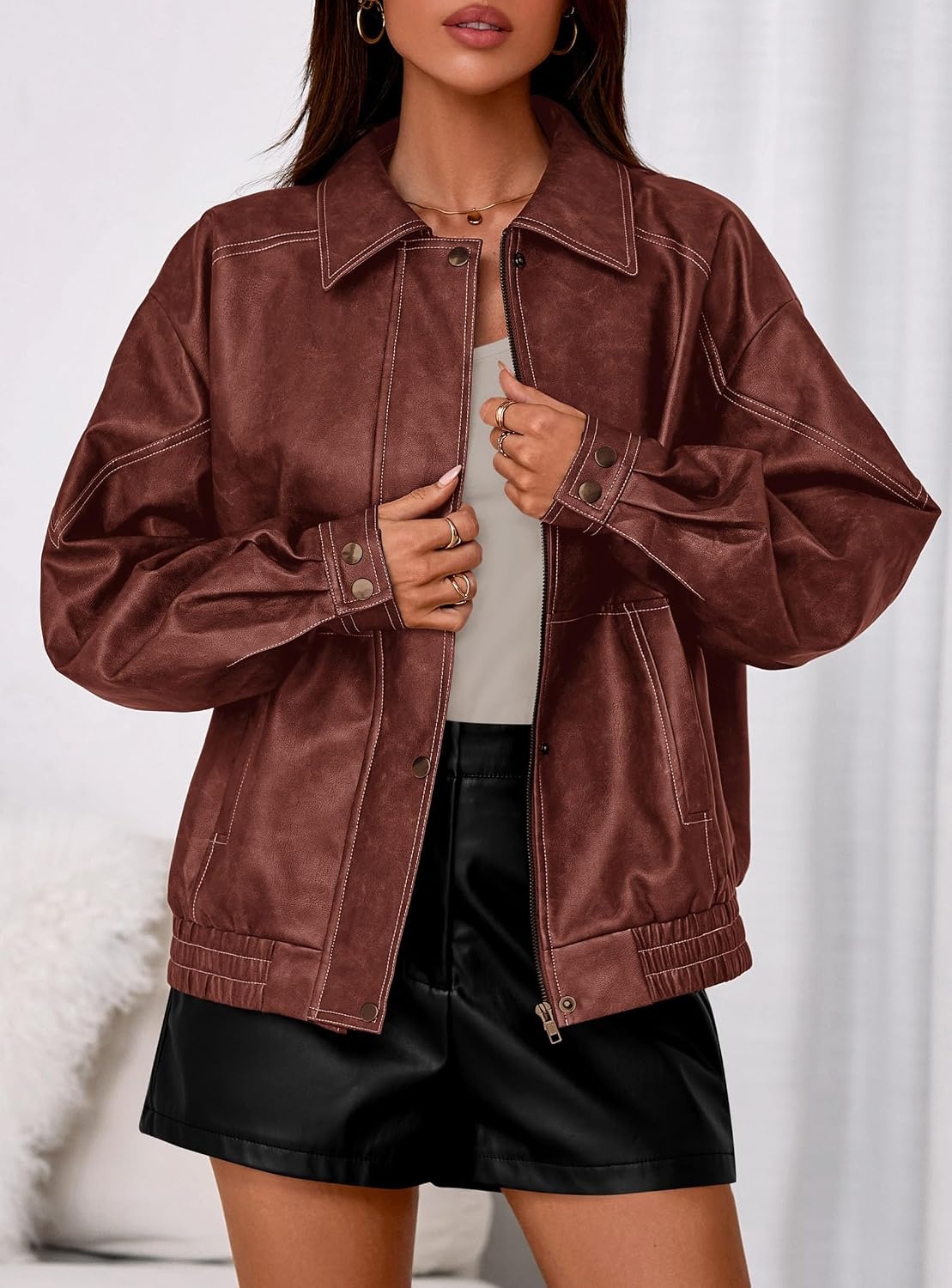 image:imagePRETTYGARDEN Womens Oversized Faux Leather Jacket Fall Winter OutfitsBrick Red
