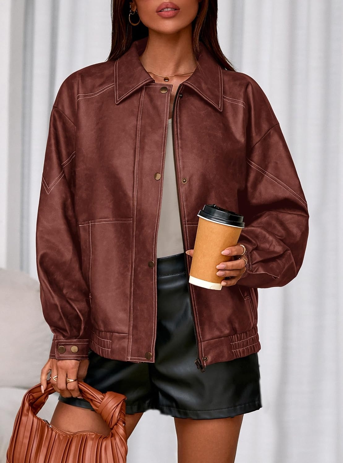 image:imagePRETTYGARDEN Womens Oversized Faux Leather Jacket Fall Winter OutfitsBrick Red