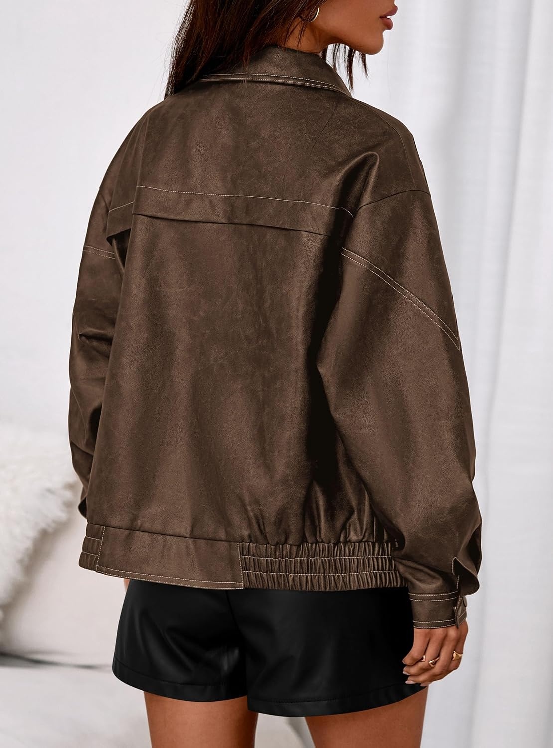 image:imagePRETTYGARDEN Womens Oversized Faux Leather Jacket Fall Winter OutfitsBrown
