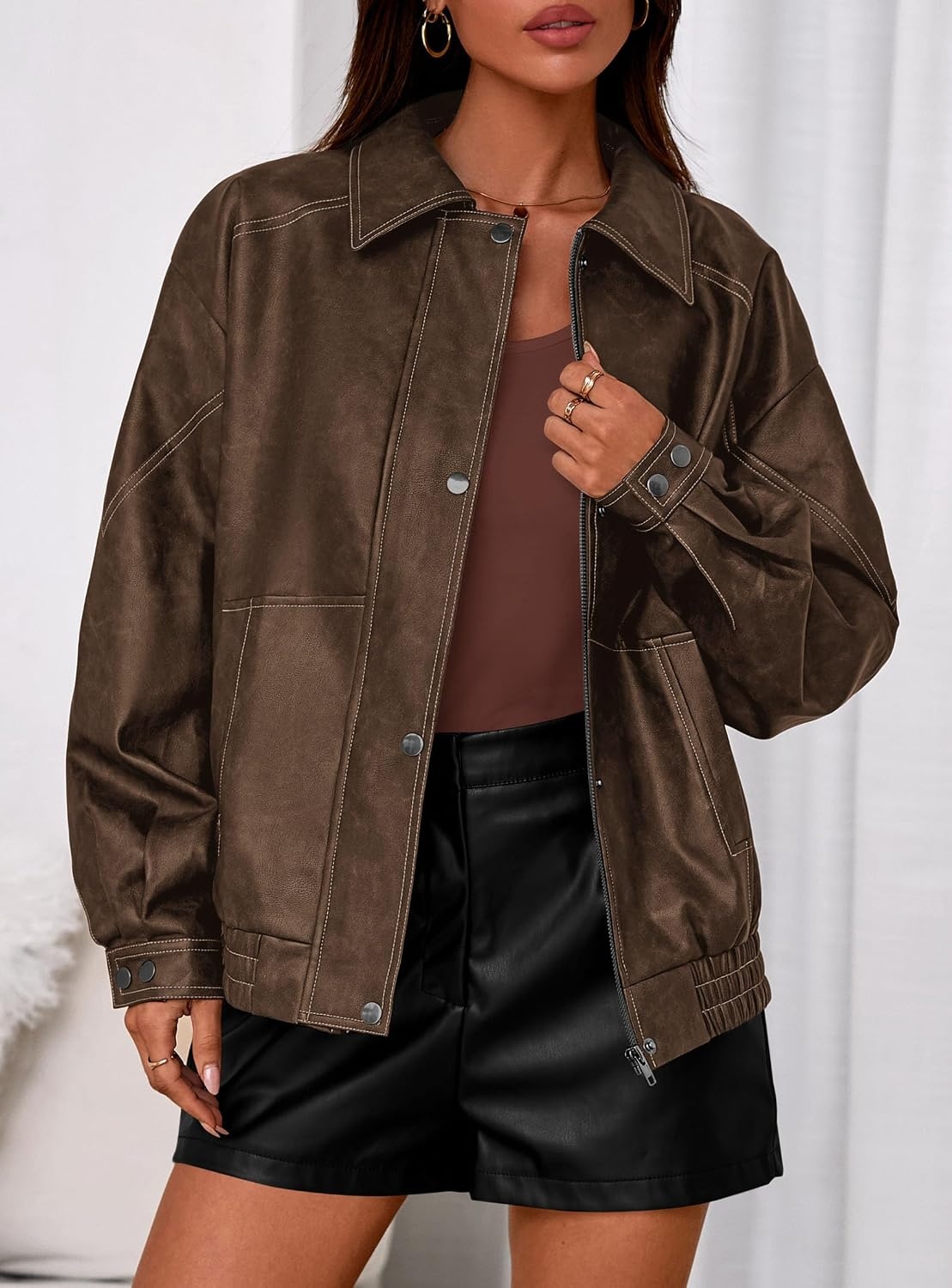 image:imagePRETTYGARDEN Womens Oversized Faux Leather Jacket Fall Winter OutfitsBrown