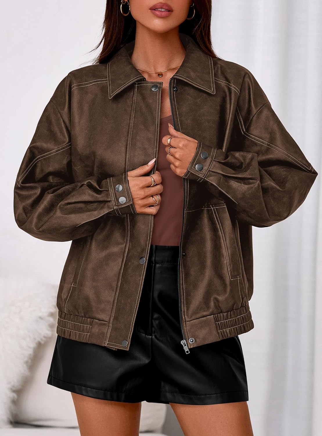 image:imagePRETTYGARDEN Womens Oversized Faux Leather Jacket Fall Winter OutfitsBrown