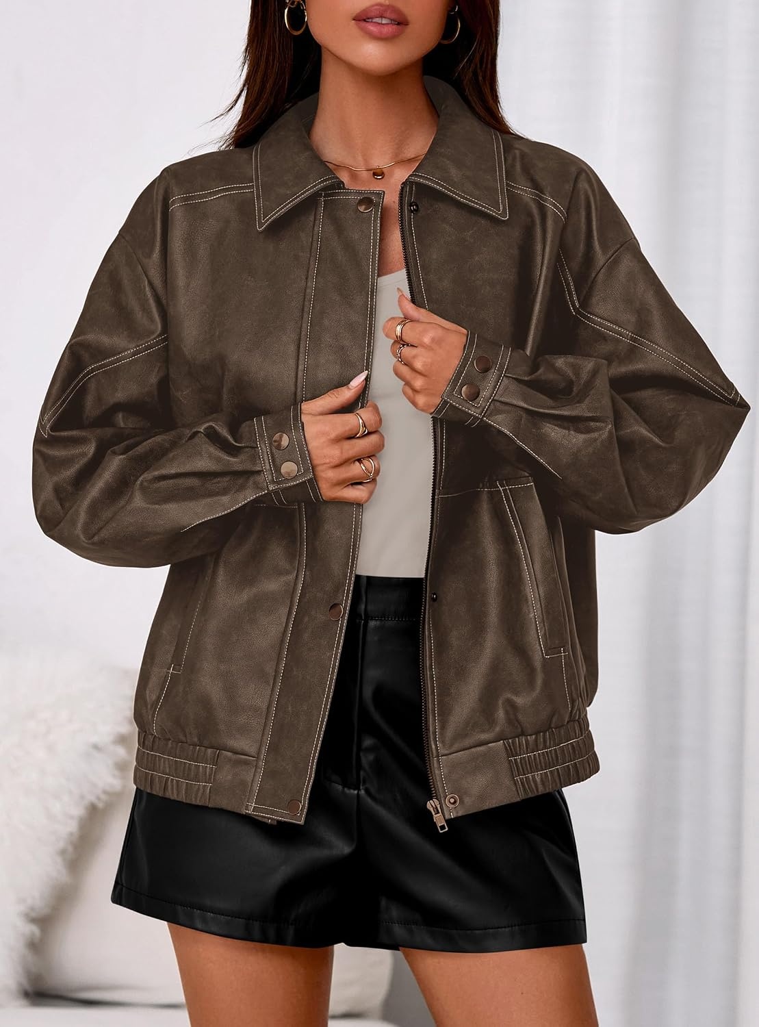 image:imagePRETTYGARDEN Womens Oversized Faux Leather Jacket Fall Winter OutfitsChocolate Brown