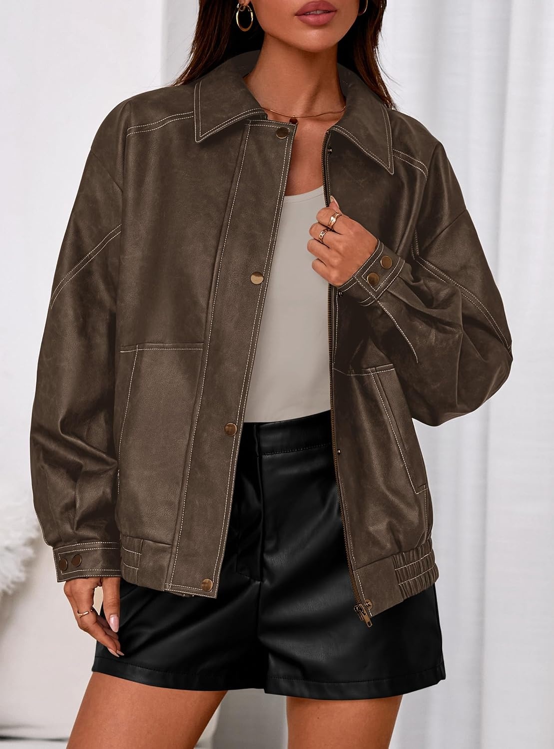 image:imagePRETTYGARDEN Womens Oversized Faux Leather Jacket Fall Winter OutfitsChocolate Brown