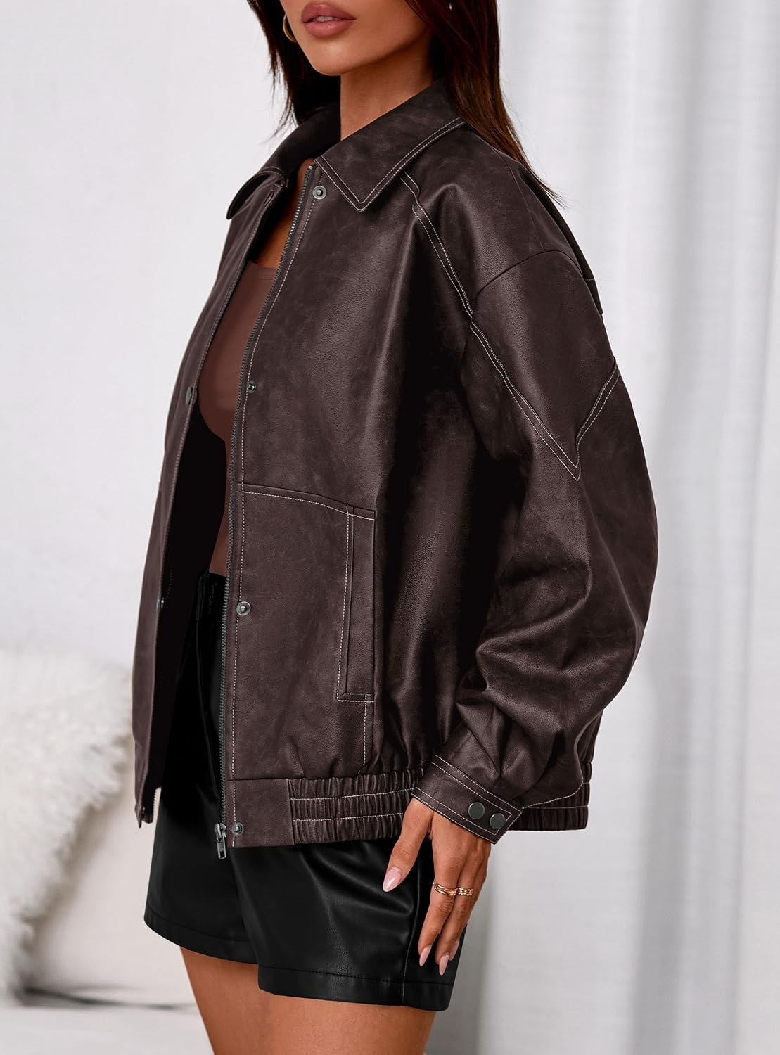 image:imagePRETTYGARDEN Womens Oversized Faux Leather Jacket Fall Winter OutfitsDark Brown