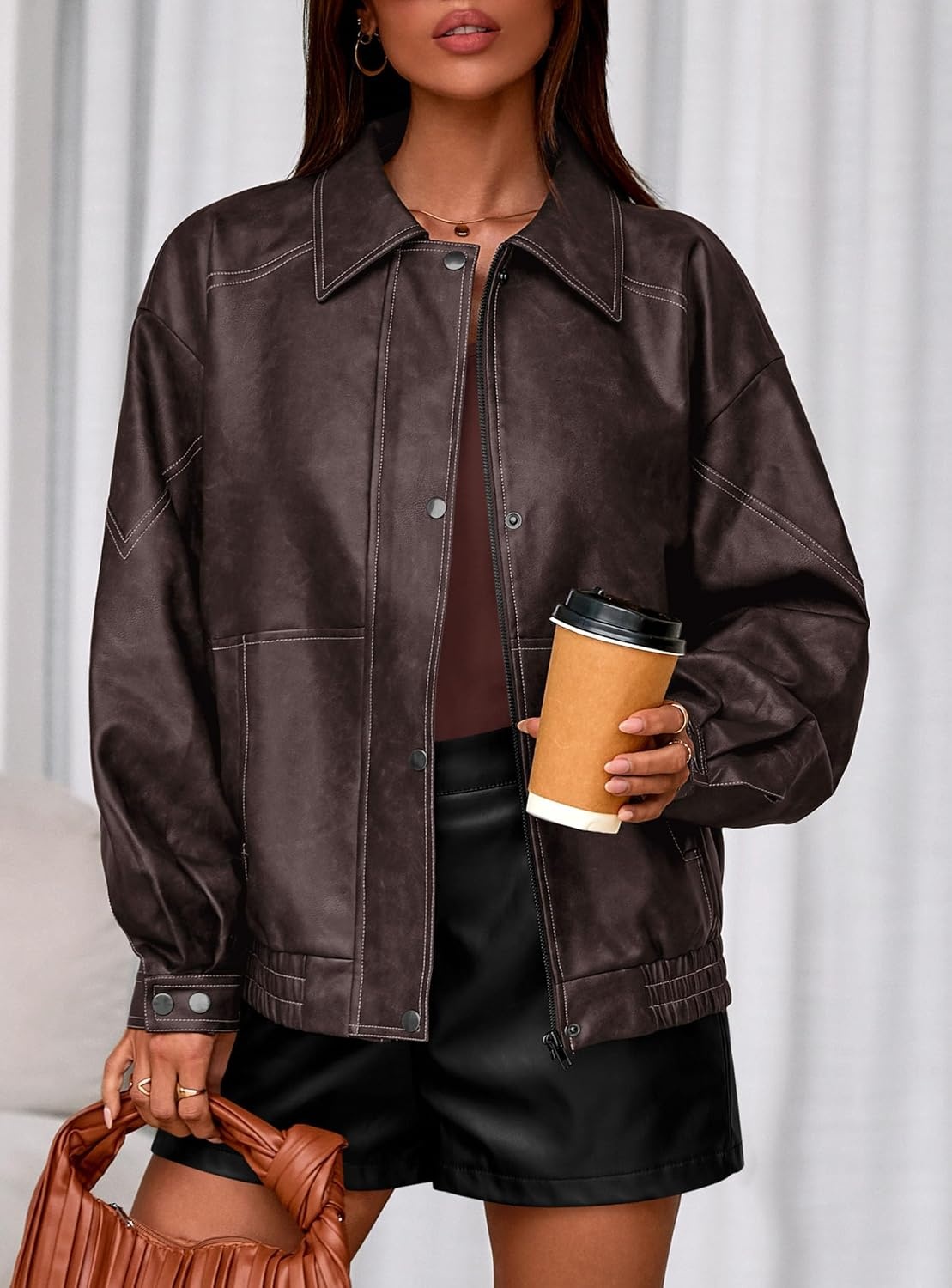 image:imagePRETTYGARDEN Womens Oversized Faux Leather Jacket Fall Winter OutfitsDark Brown