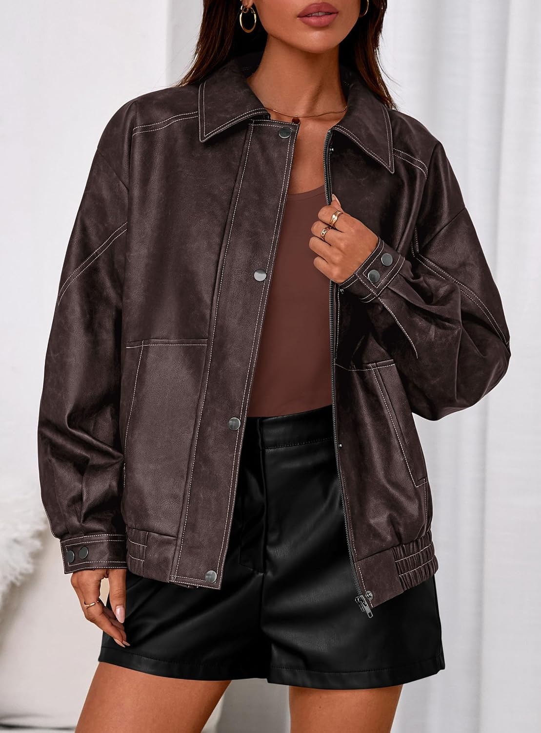 image:imagePRETTYGARDEN Womens Oversized Faux Leather Jacket Fall Winter OutfitsDark Brown