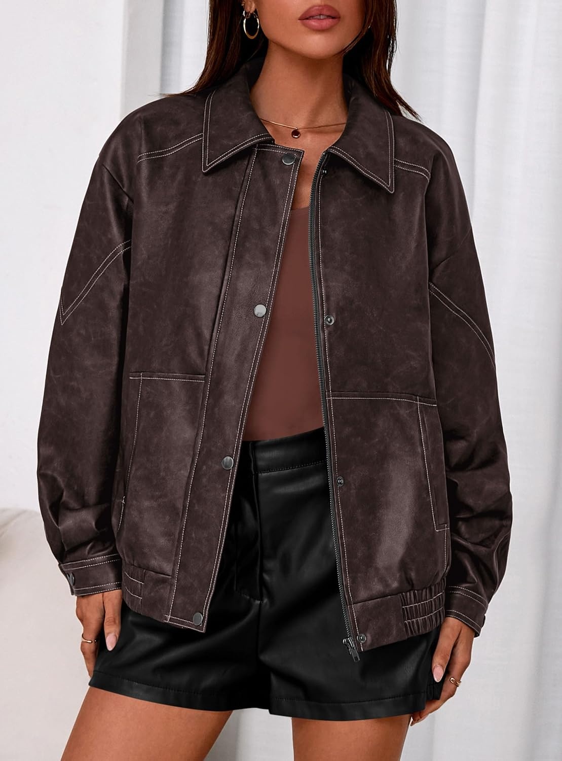 image:imagePRETTYGARDEN Womens Oversized Faux Leather Jacket Fall Winter OutfitsDark Brown