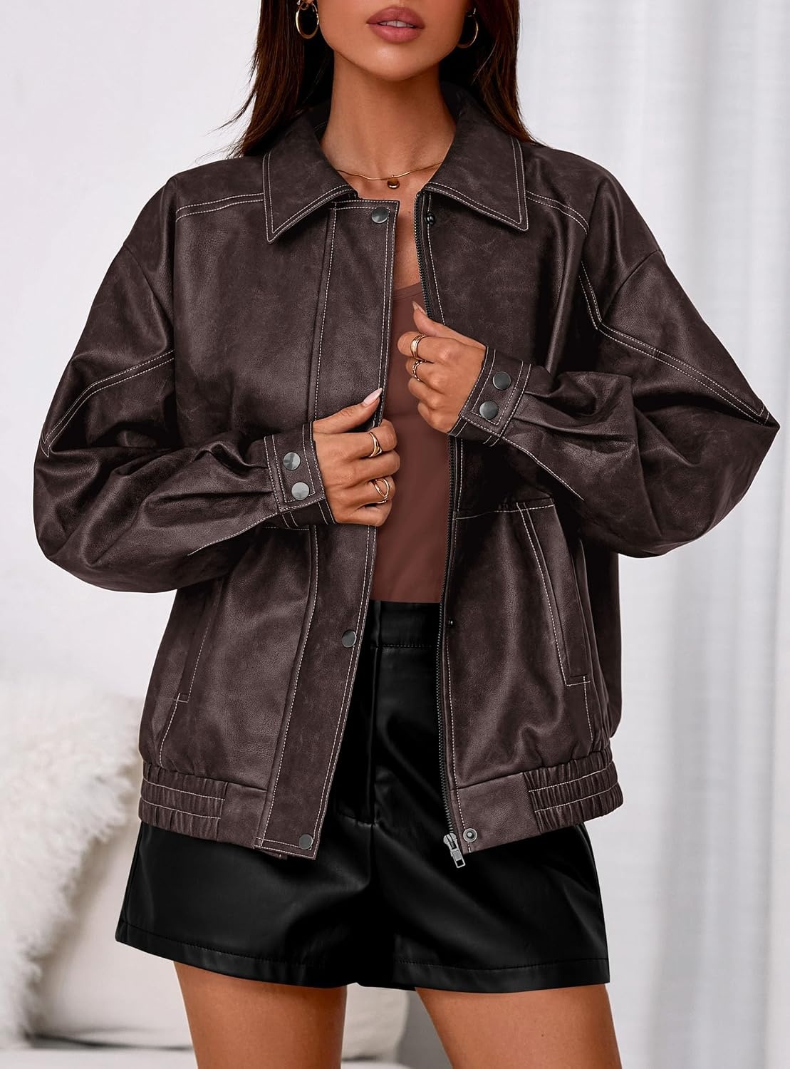 image:imagePRETTYGARDEN Womens Oversized Faux Leather Jacket Fall Winter OutfitsDark Brown