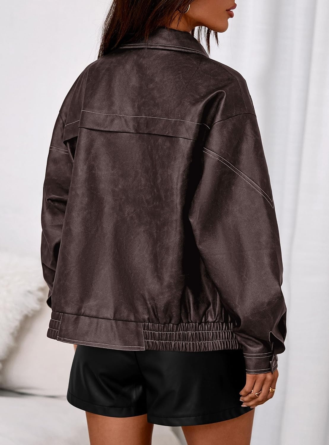 image:imagePRETTYGARDEN Womens Oversized Faux Leather Jacket Fall Winter OutfitsDark Brown
