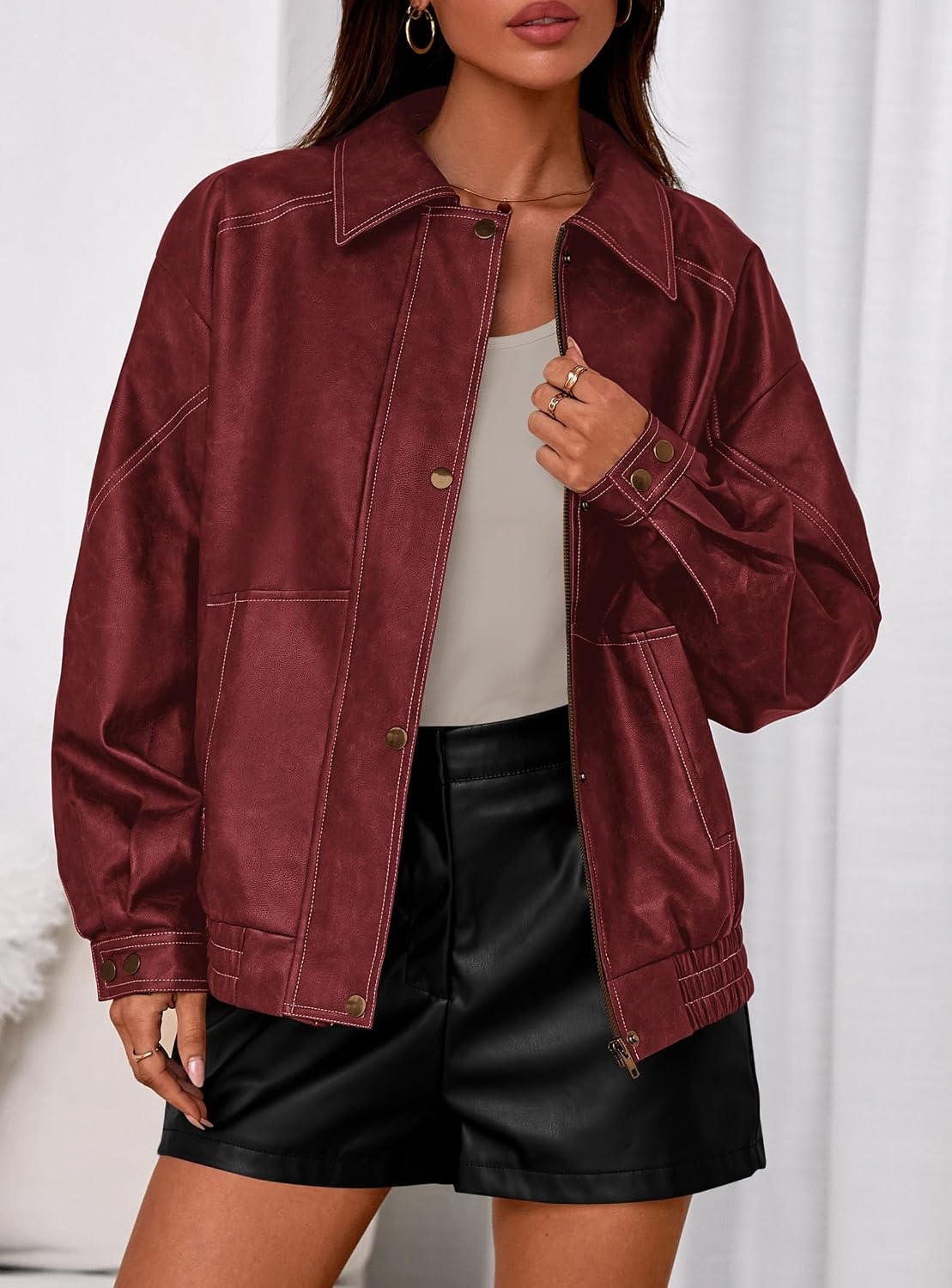 image:imagePRETTYGARDEN Womens Oversized Faux Leather Jacket Fall Winter OutfitsDark Red