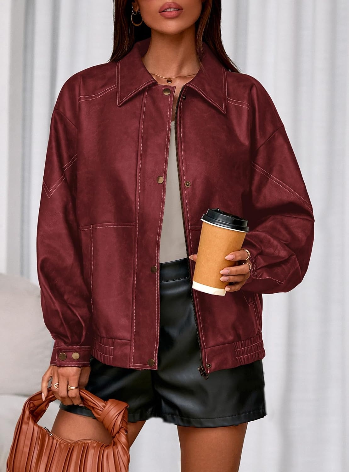 image:imagePRETTYGARDEN Womens Oversized Faux Leather Jacket Fall Winter OutfitsDark Red