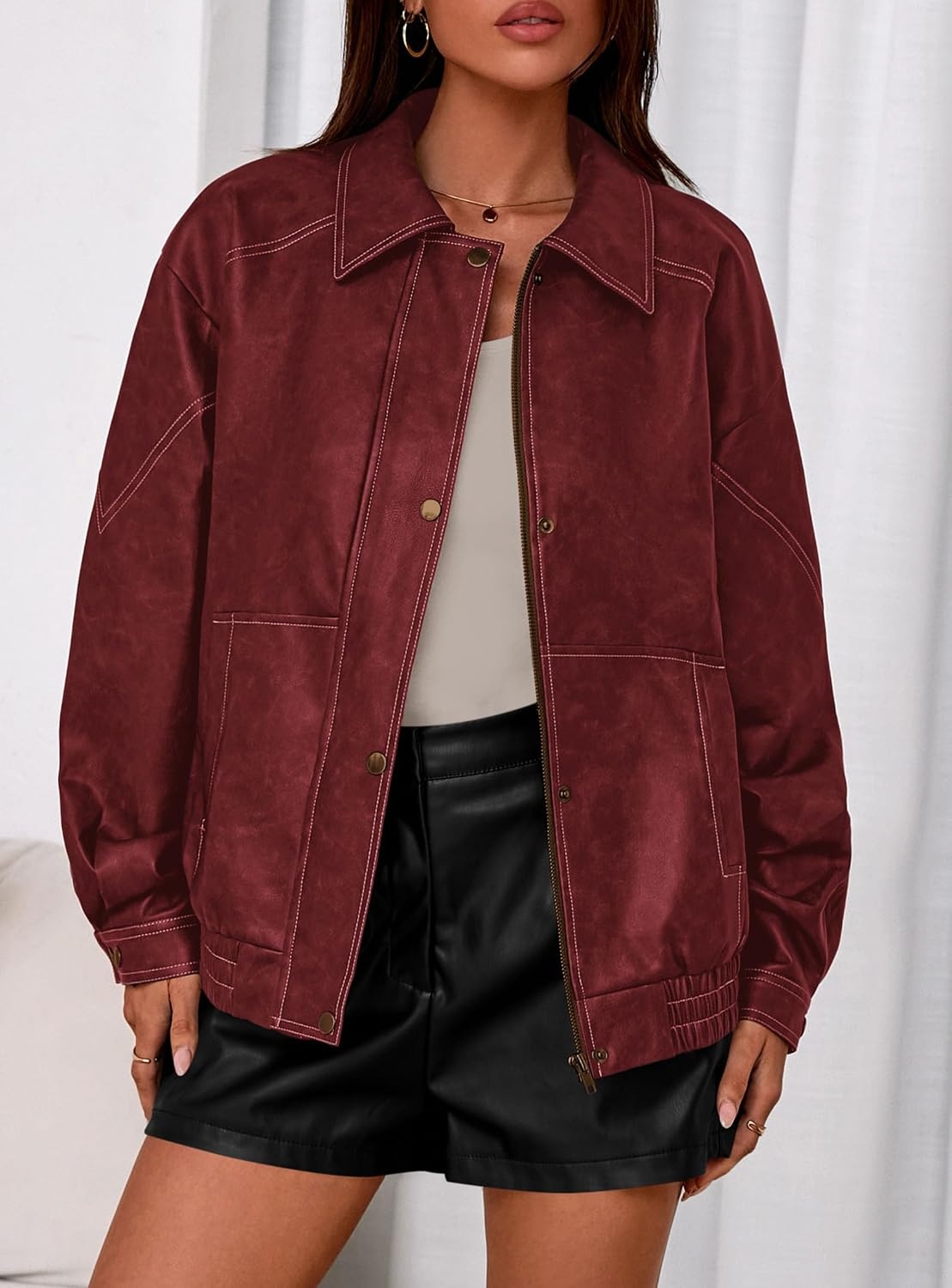 image:imagePRETTYGARDEN Womens Oversized Faux Leather Jacket Fall Winter OutfitsDark Red