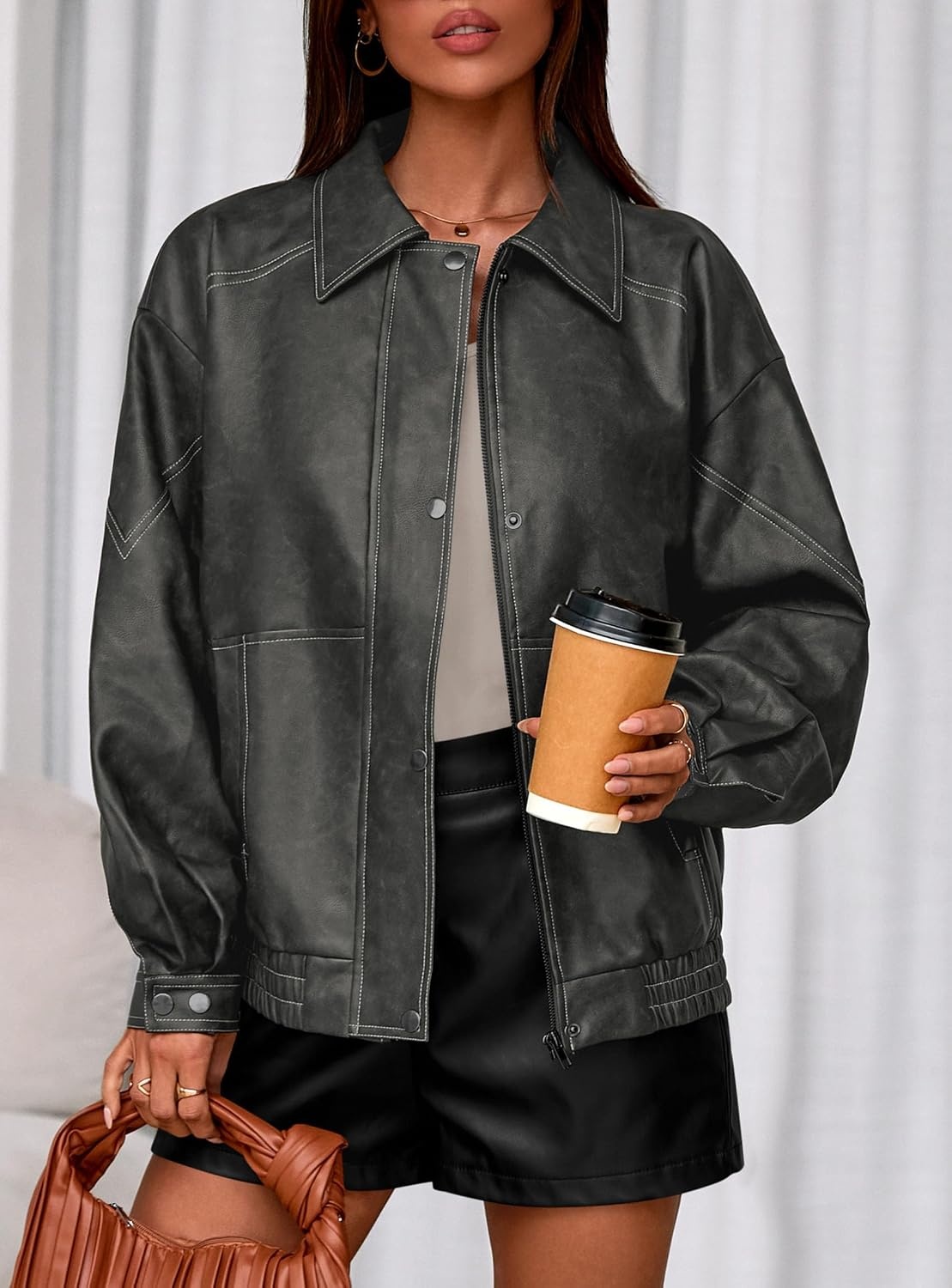 image:imagePRETTYGARDEN Womens Oversized Faux Leather Jacket Fall Winter OutfitsGrey