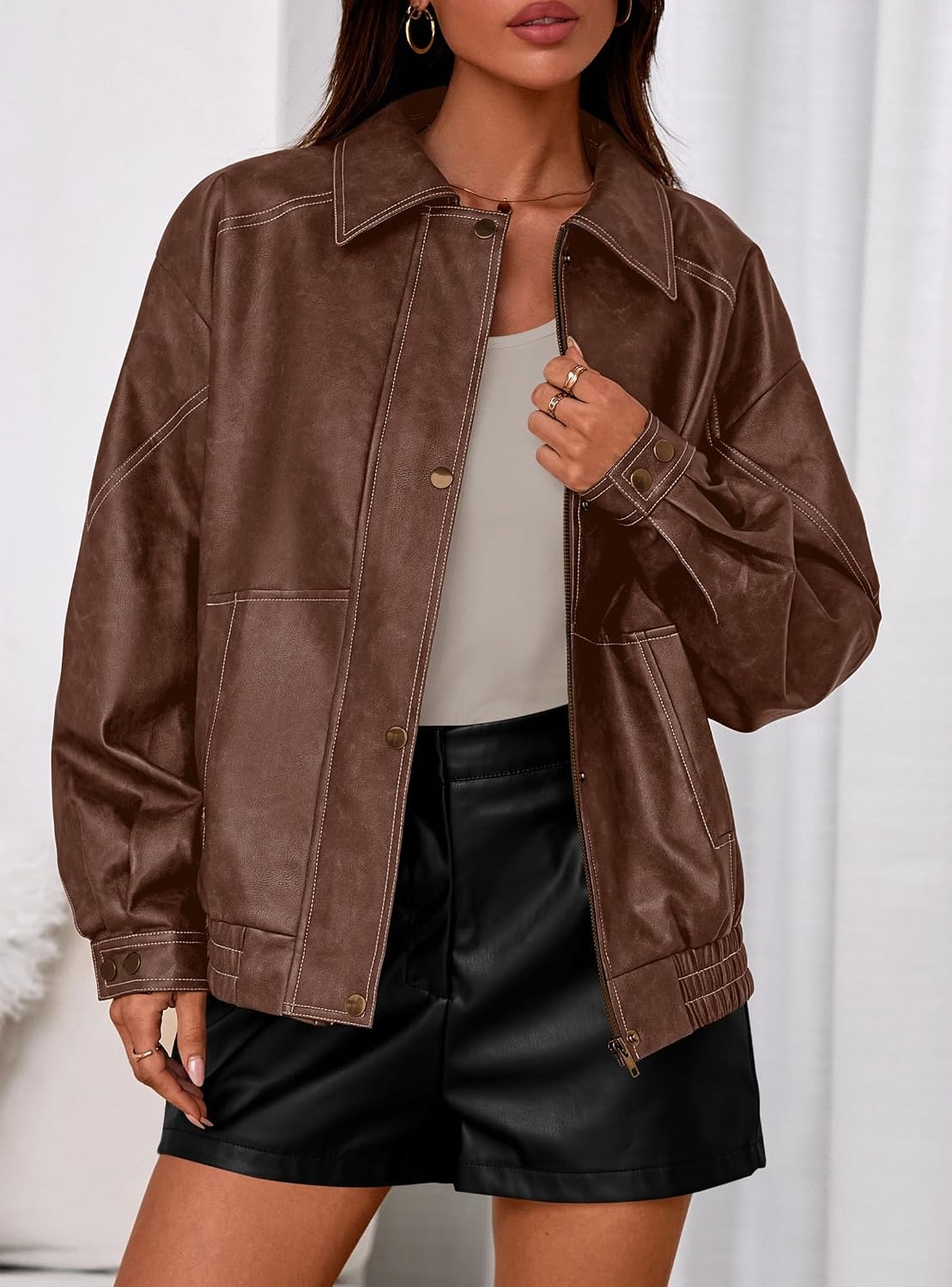 image:imagePRETTYGARDEN Womens Oversized Faux Leather Jacket Fall Winter OutfitsLight Brown